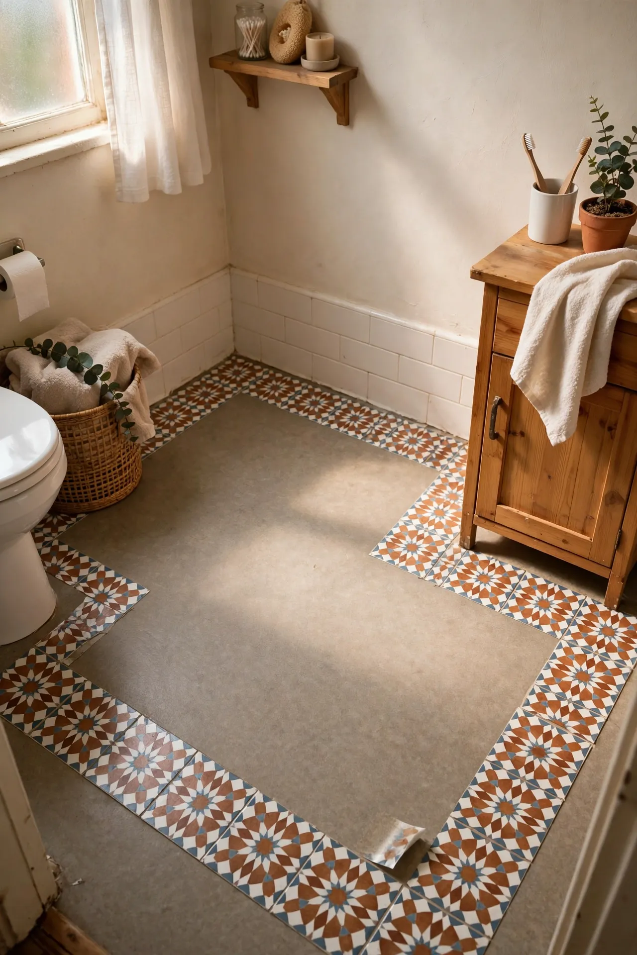 Peel-and-stick tile decals forming a patterned border along a bathroom floor edge