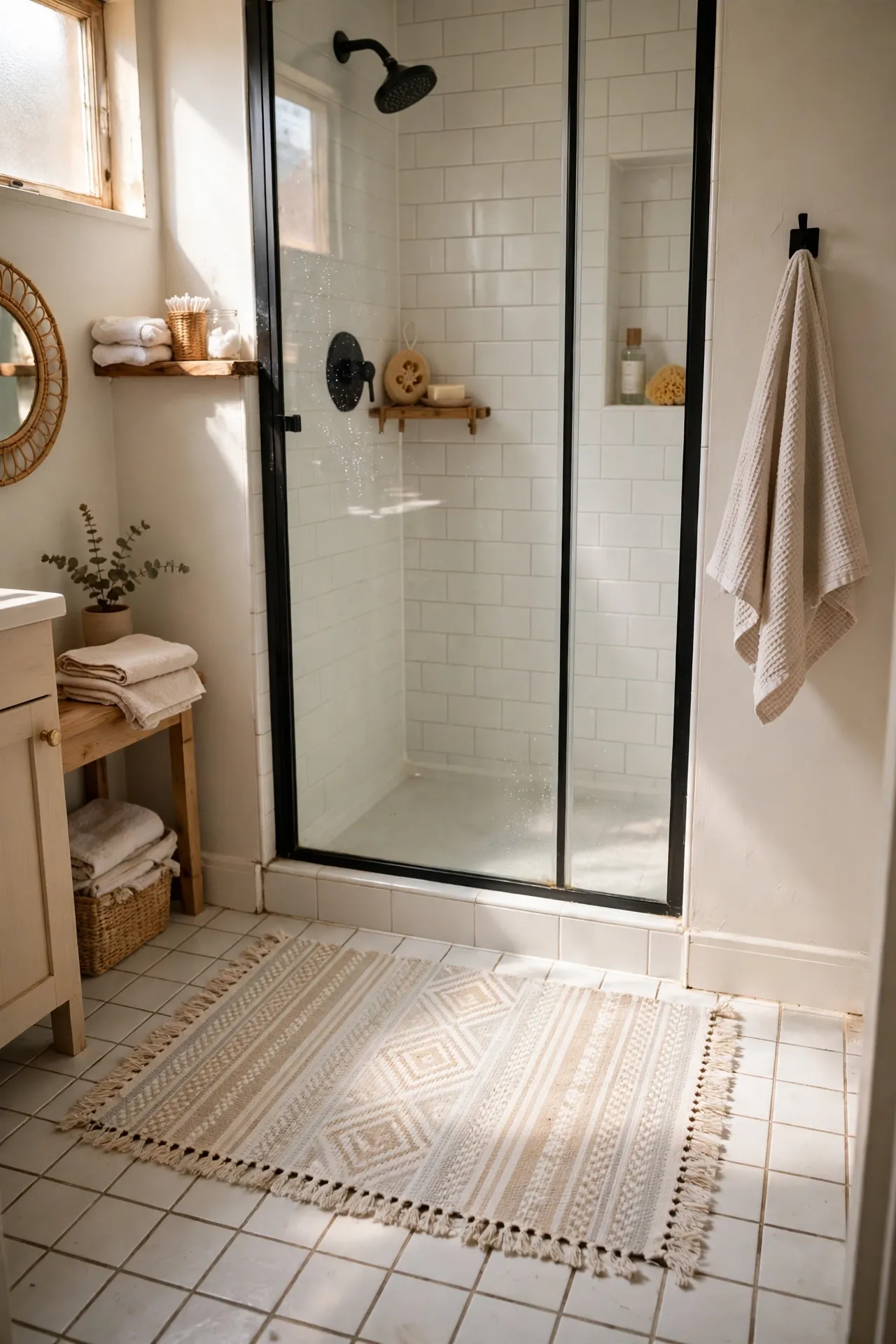 Washable cotton rug with a non-slip pad on a small bathroom floor
