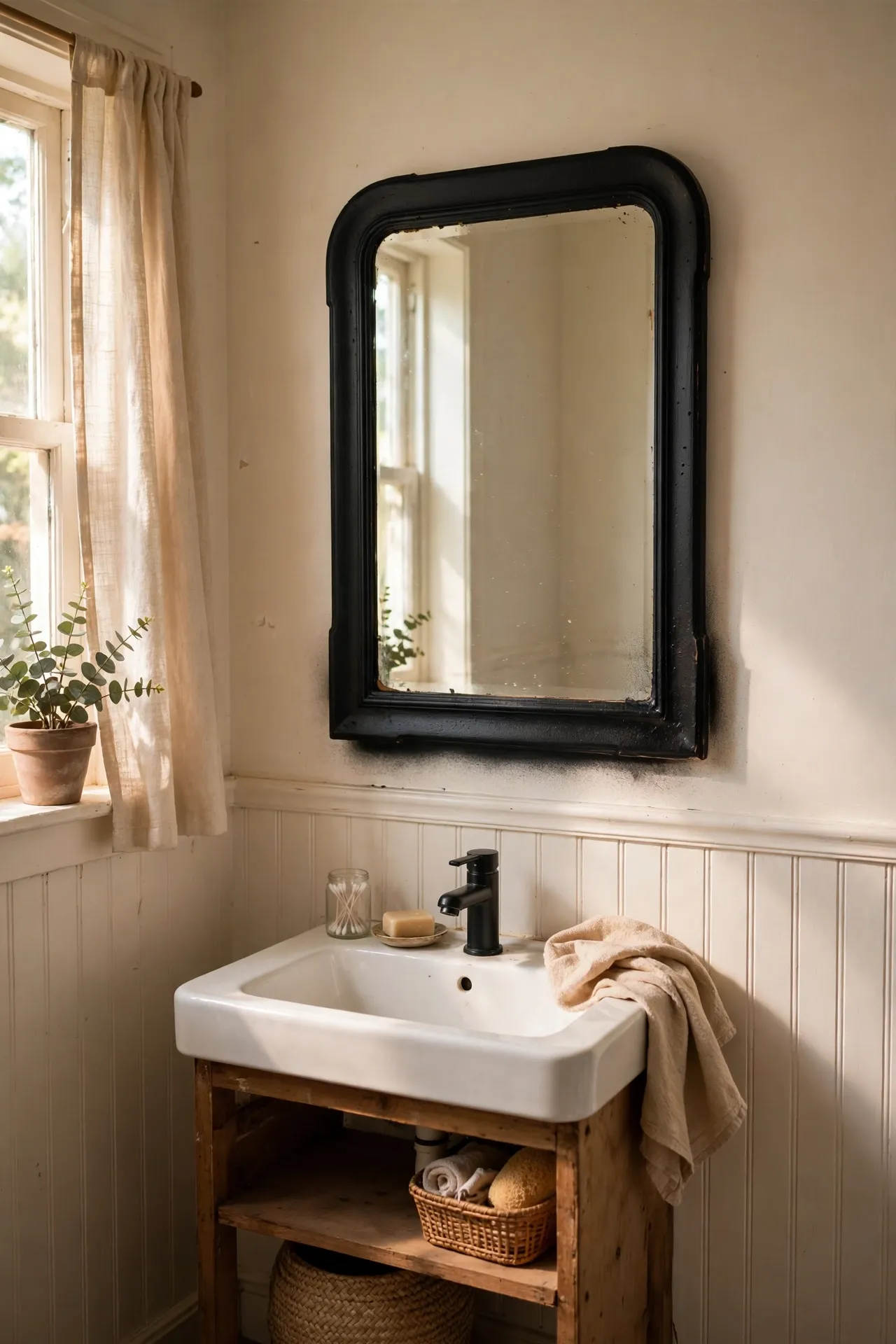 Thrifted mirror with a freshly spray-painted black frame above a bathroom sink