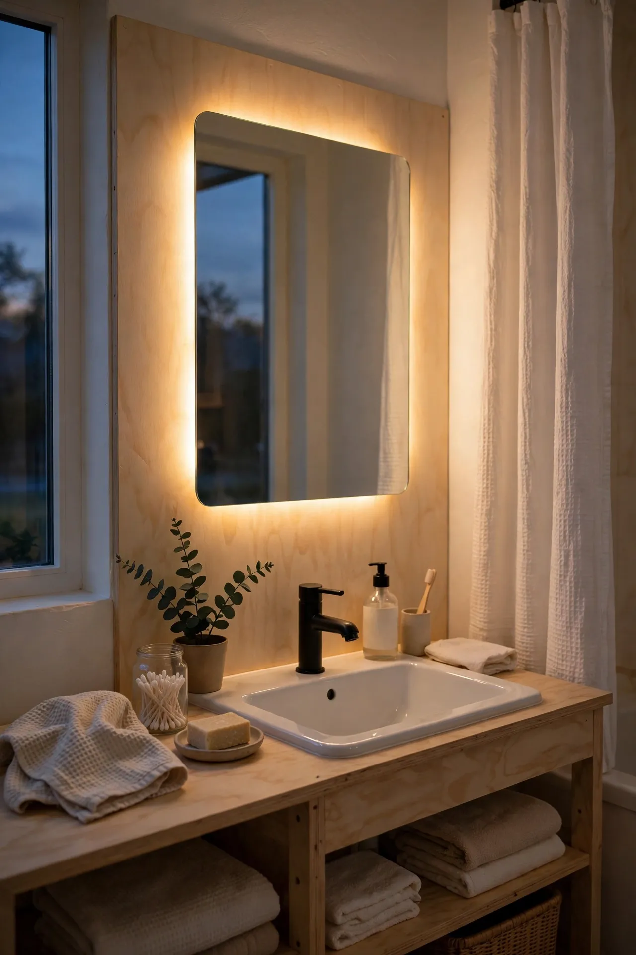 Warm LED strip glowing behind a bathroom mirror in the evening