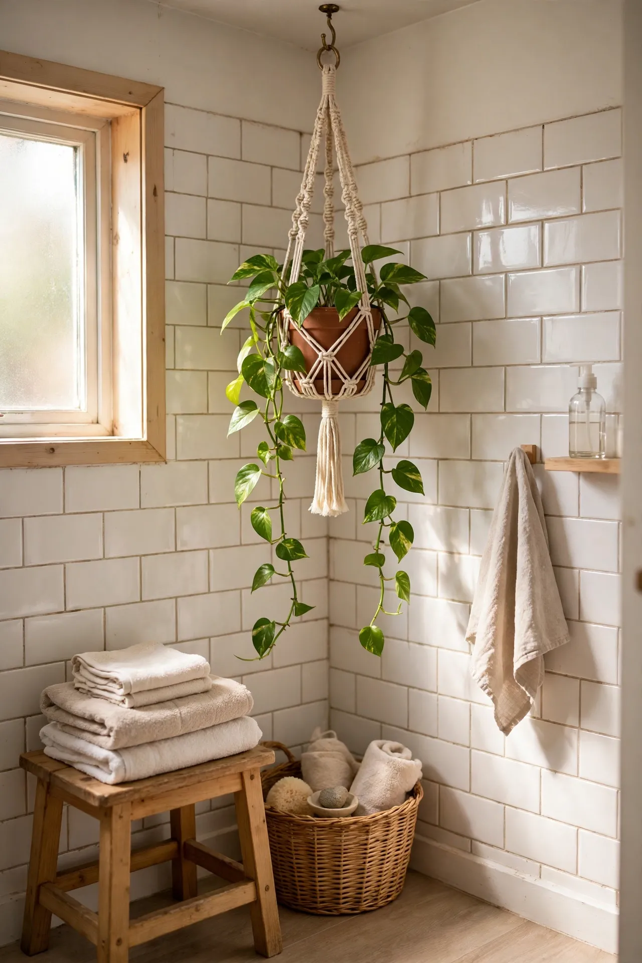 Macrame plant holder with a trailing pothos hanging in a bathroom corner