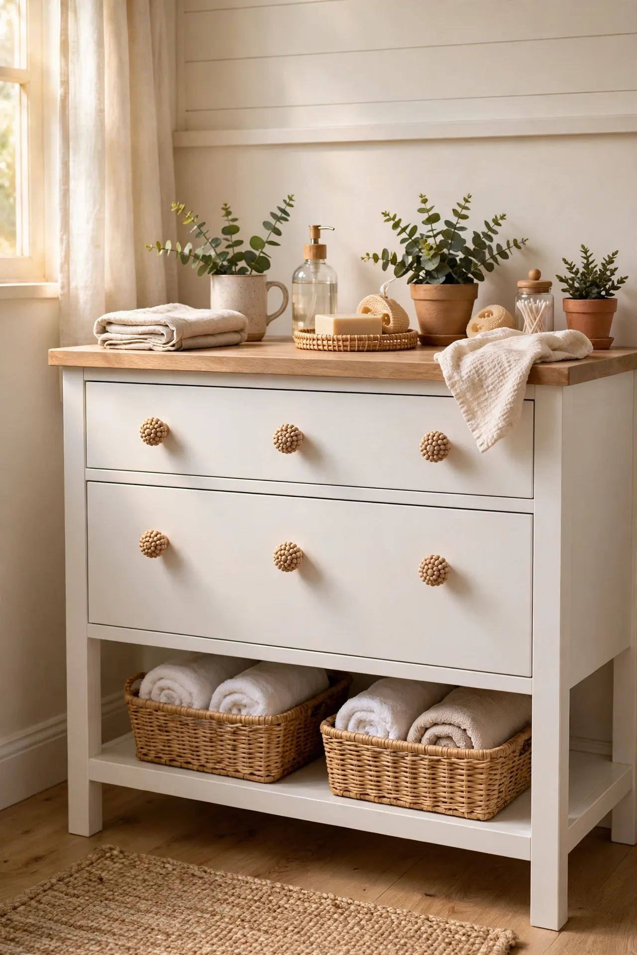 Bathroom cabinet drawers fitted with round wooden bead knobs