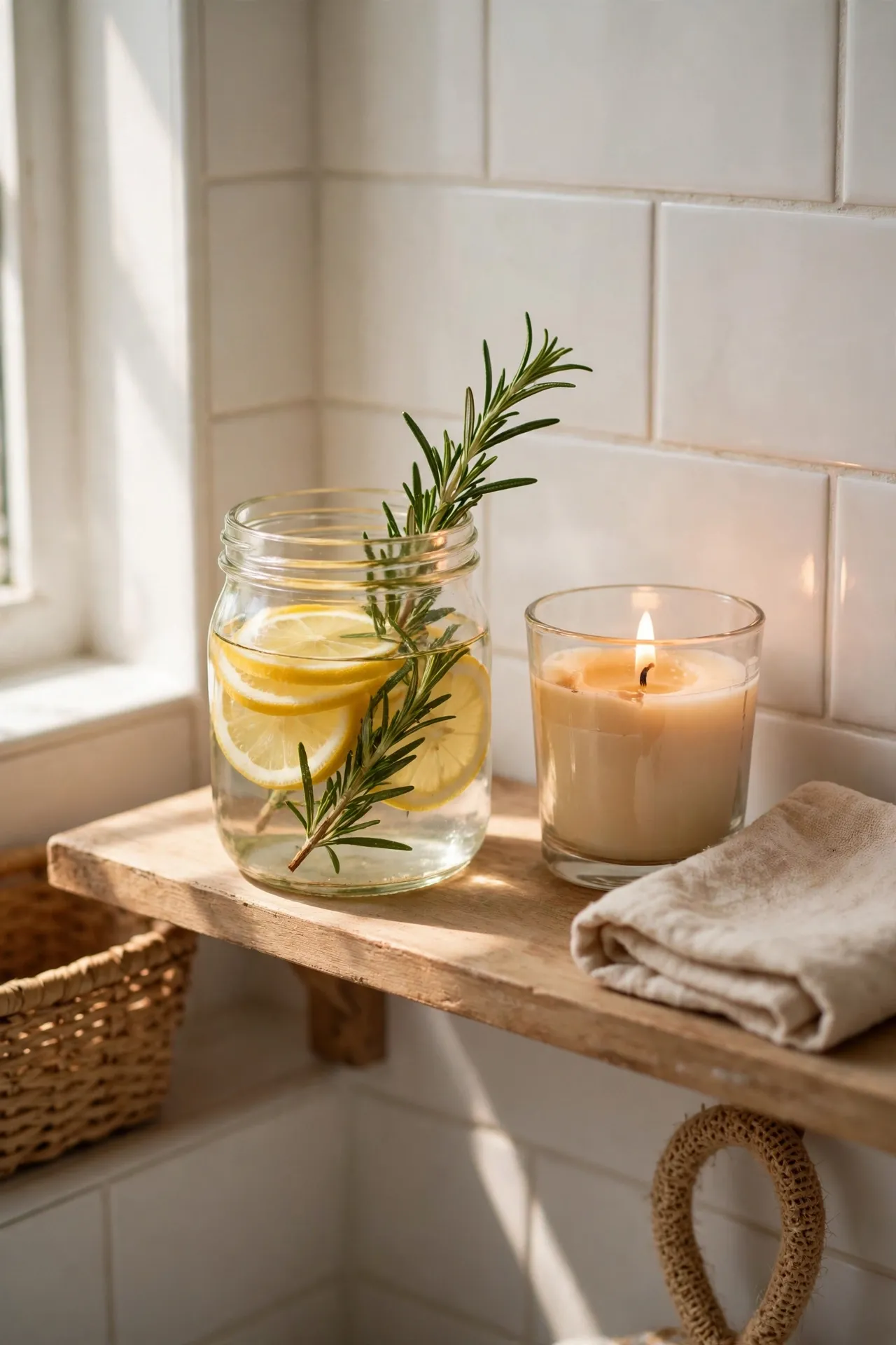 Small glass jar with lemon slices and rosemary sprigs on a bathroom shelf