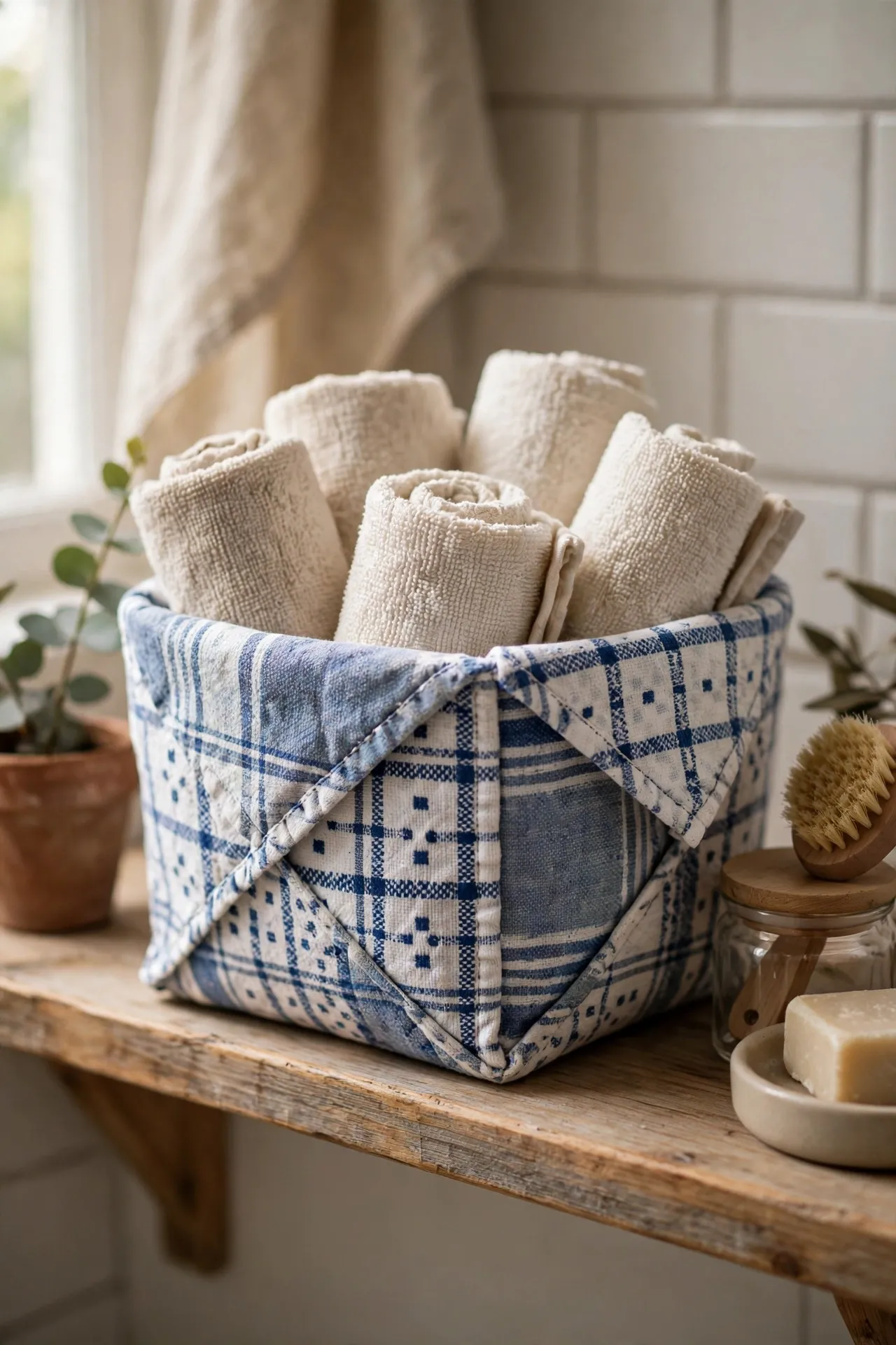 Handmade fabric basket made from a patterned tea towel holding washcloths