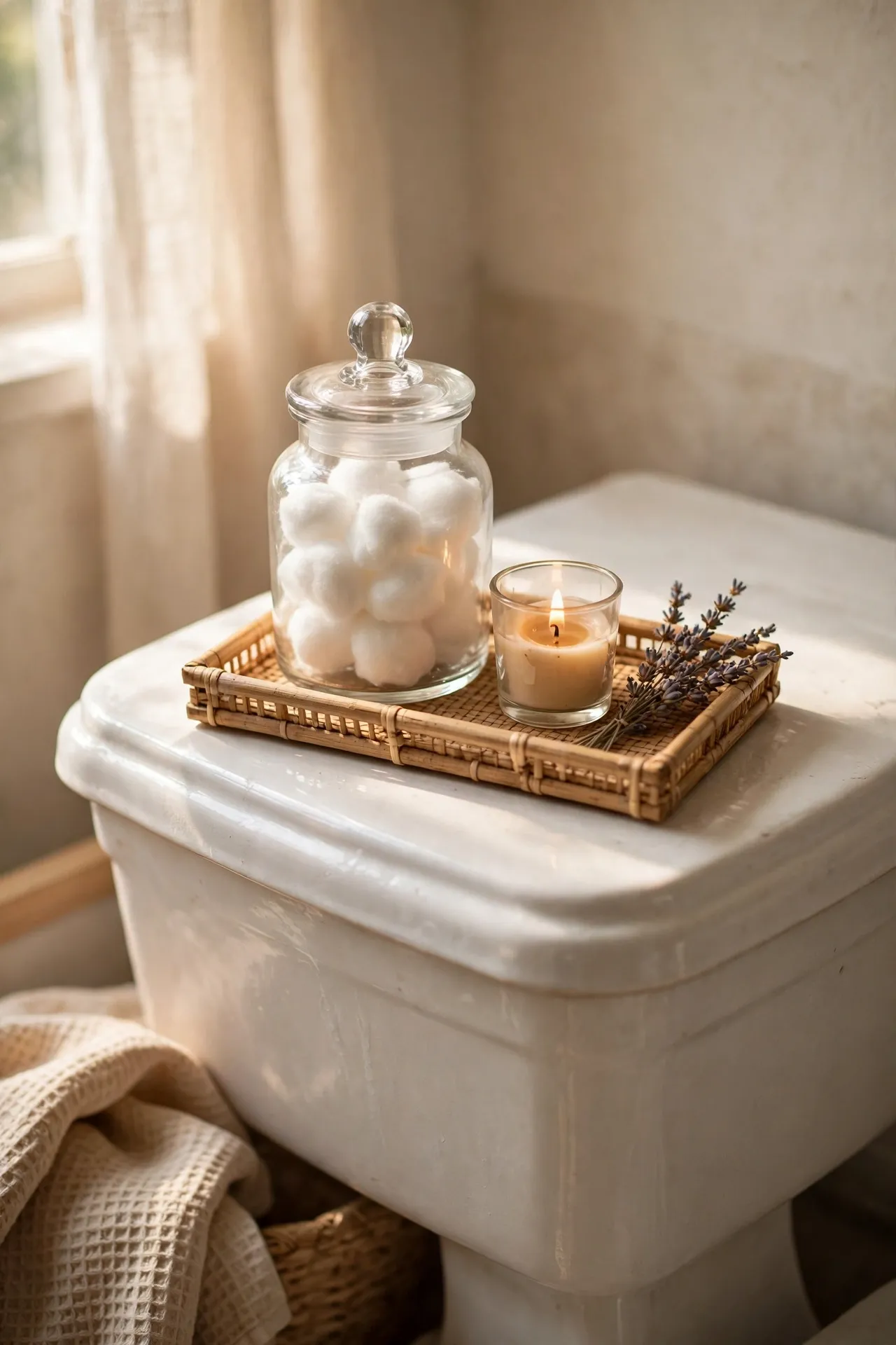 Small tray with apothecary jar, candle, and dried lavender on a toilet tank lid