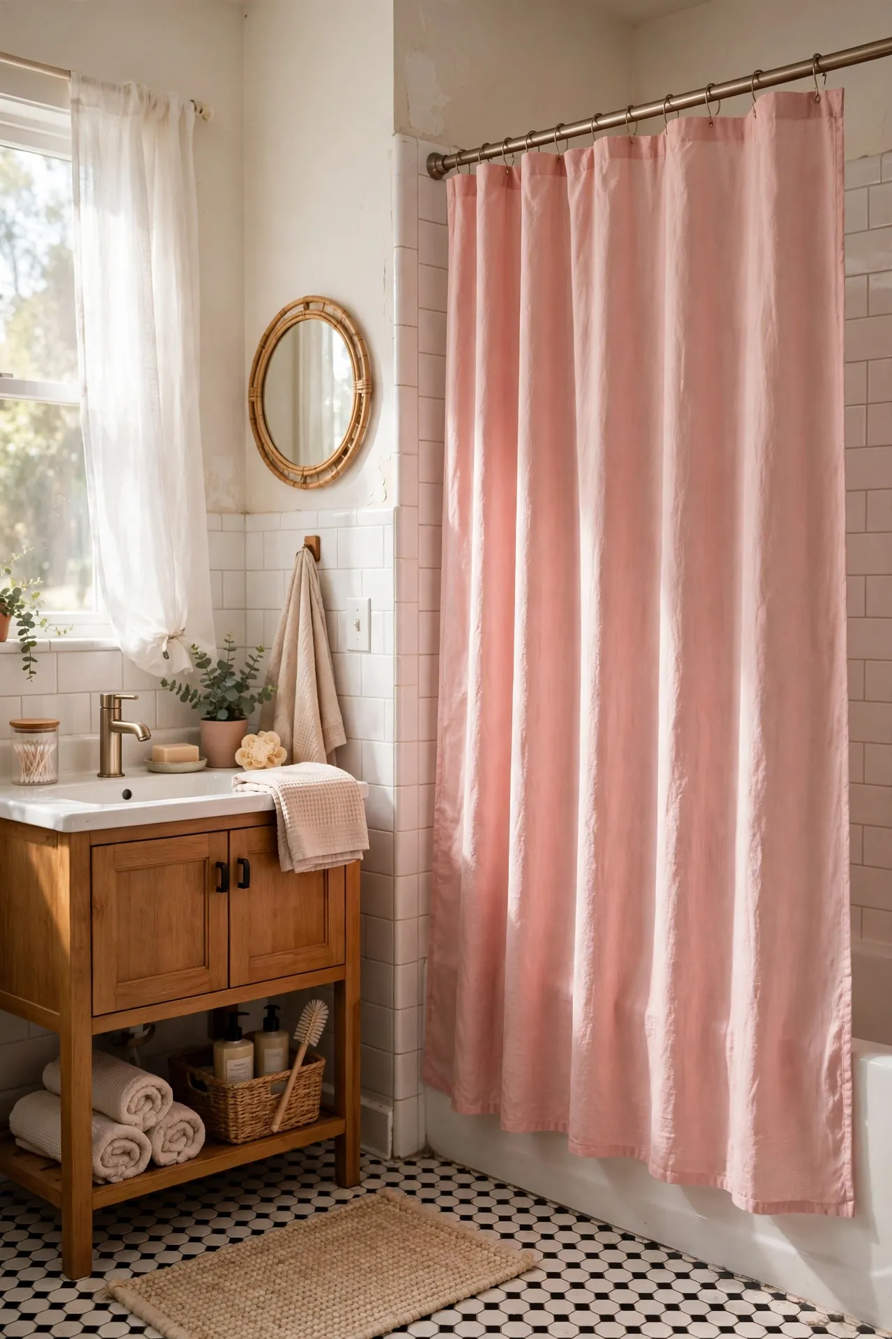 Swap in a Blush Pink Shower Curtain in a budget-friendly bathroom, styled simply