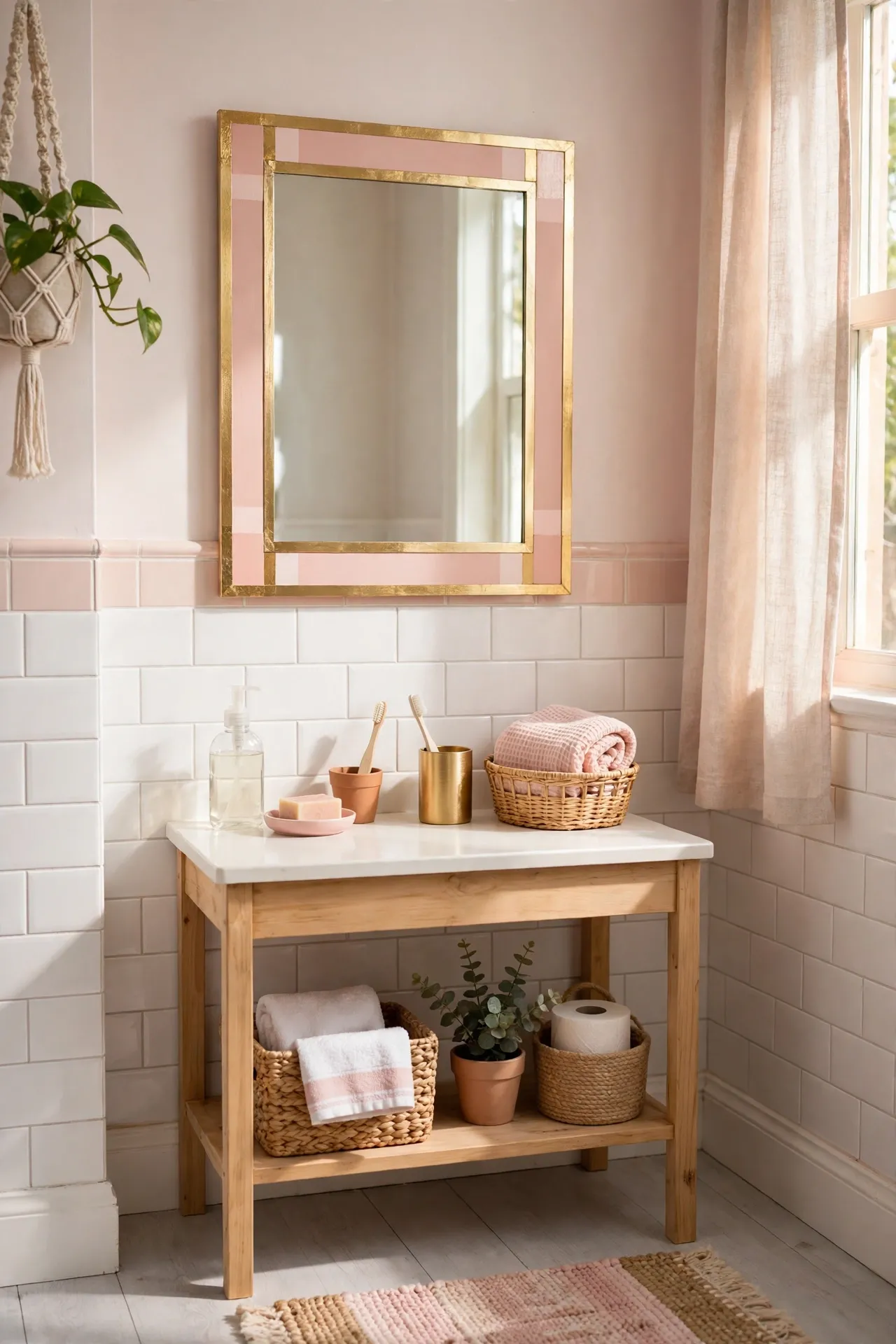 Frame the Mirror with Blush and Gold Accents in a budget-friendly bathroom, styled simply