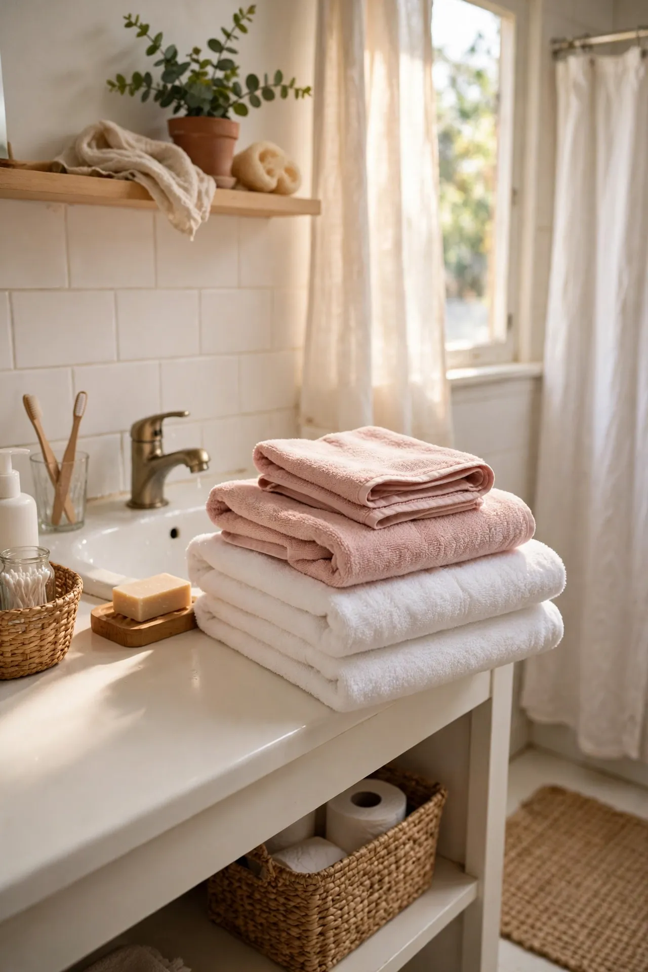 Layer Blush Pink Hand Towels Over White Bath Towels in a budget-friendly bathroom, styled simply