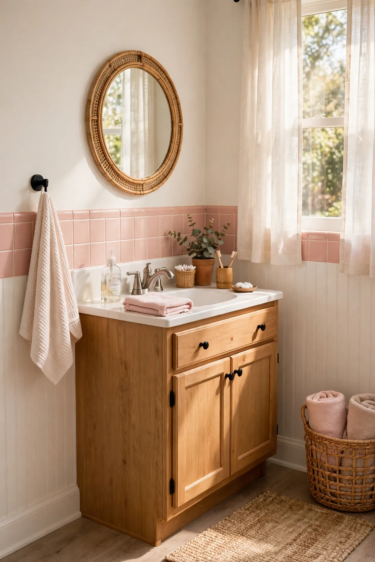 Add a Blush Peel-and-Stick Tile Border in a budget-friendly bathroom, styled simply