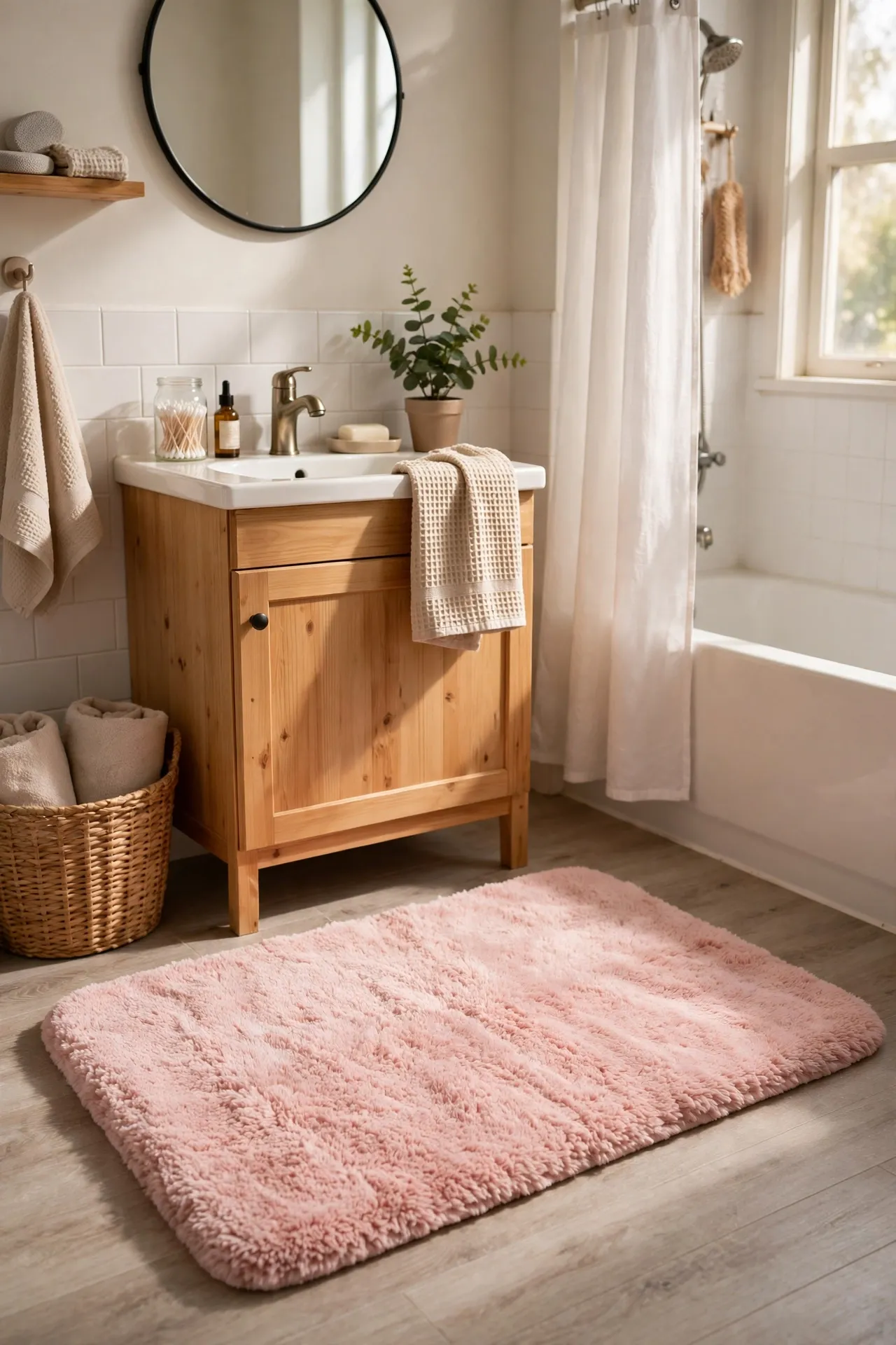 Lay Down a Plush Blush Pink Bath Mat in a budget-friendly bathroom, styled simply