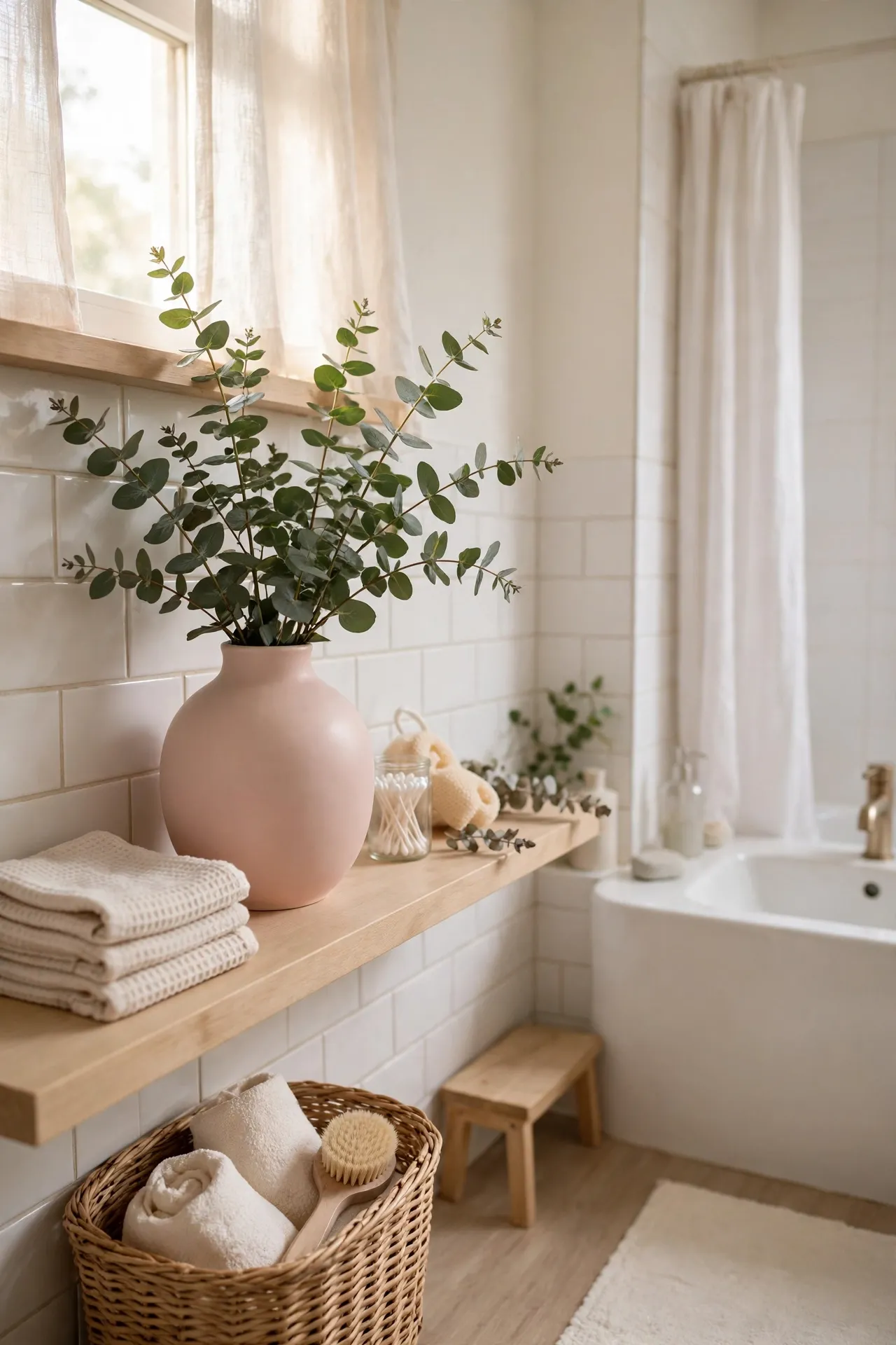 Style a Blush Vase with Fresh Eucalyptus in a budget-friendly bathroom, styled simply