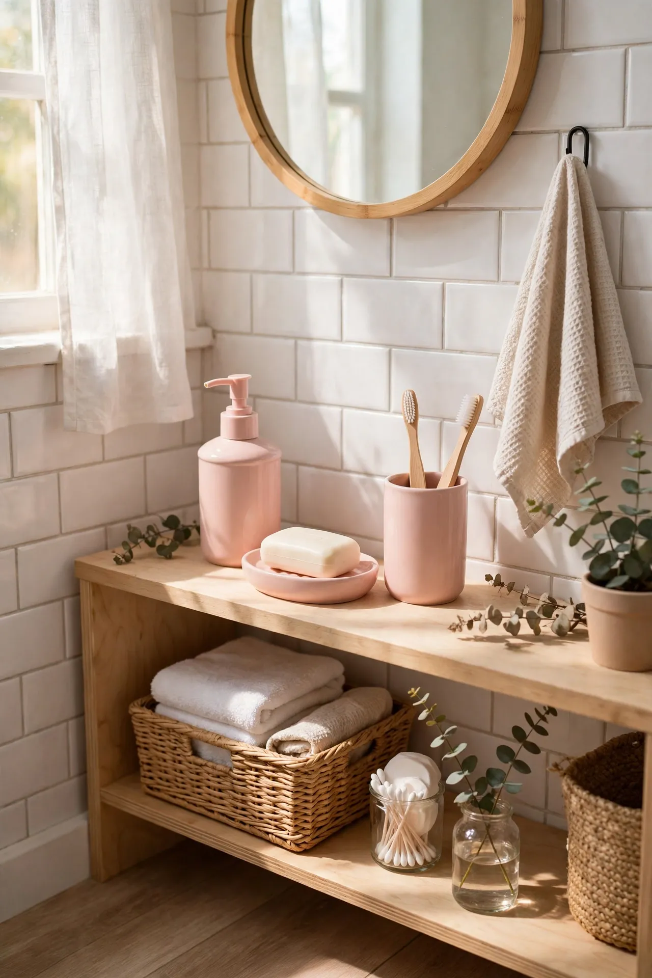 Match a Blush Pink Soap Dispenser Set in a budget-friendly bathroom, styled simply
