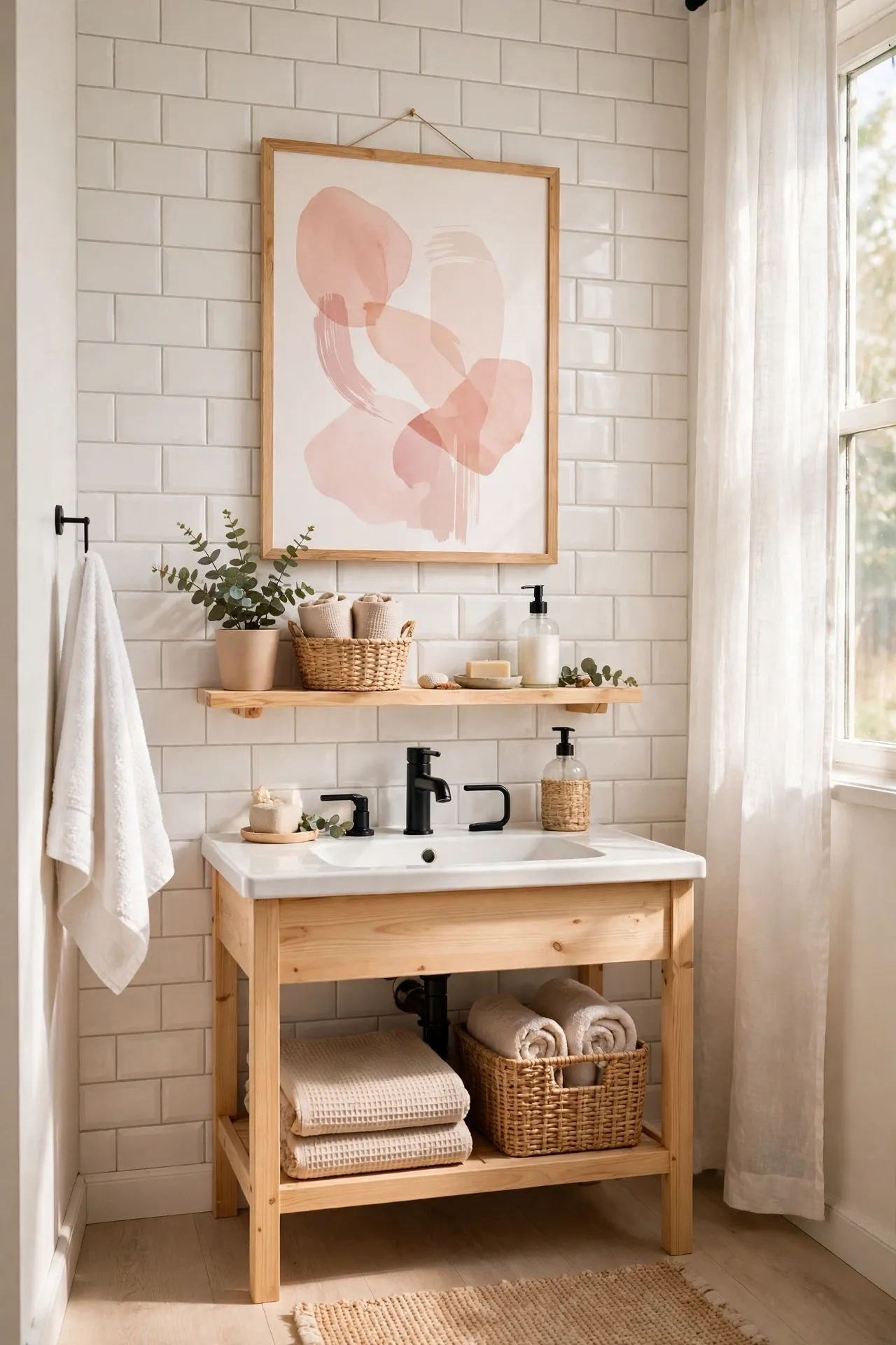 Hang a Blush Abstract Art Print in a Simple Frame in a budget-friendly bathroom, styled simply