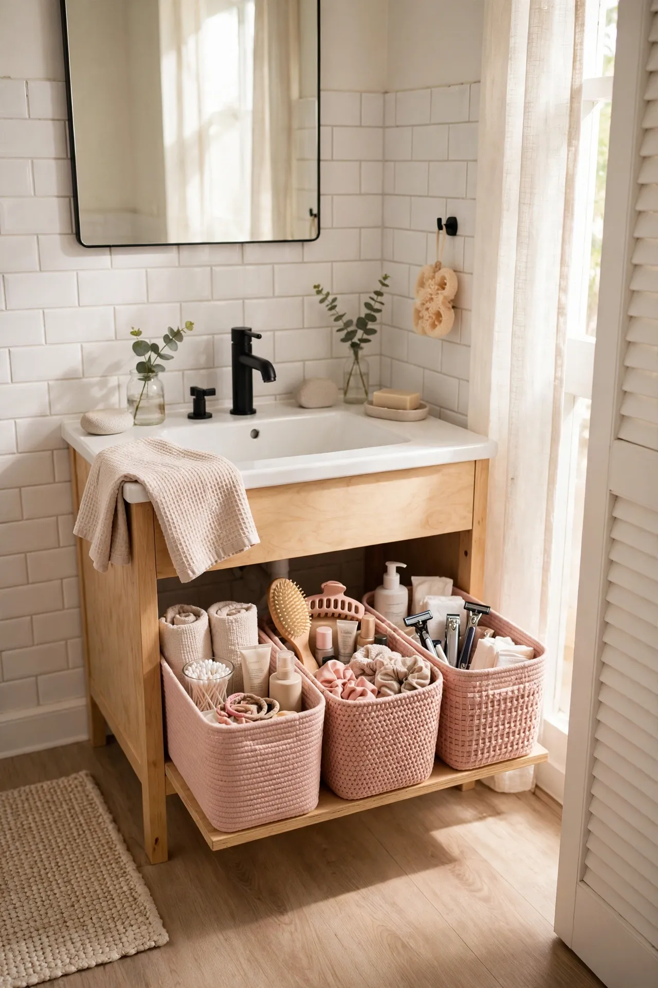 Corral Clutter in Blush Pink Storage Baskets in a budget-friendly bathroom, styled simply