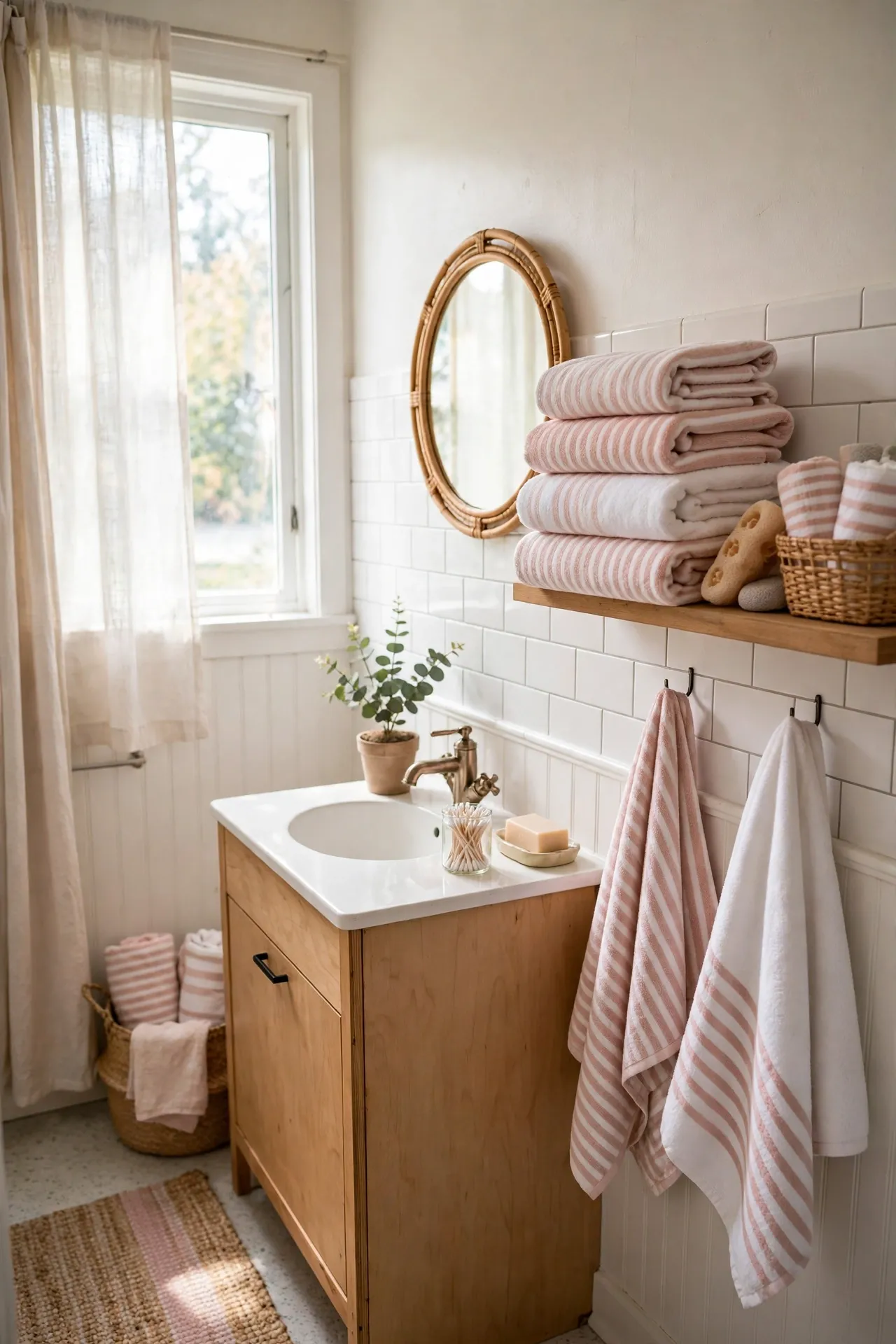 Mix Blush and White Striped Towels for a Crisp Look in a budget-friendly bathroom, styled simply