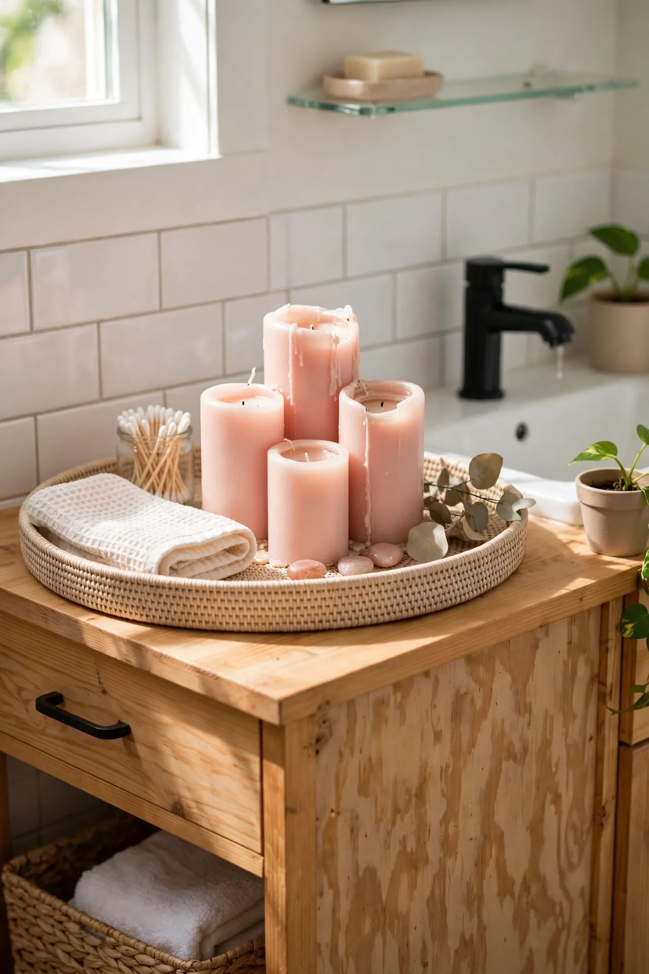 Cluster Blush Pink Candles on a Vanity Tray in a budget-friendly bathroom, styled simply