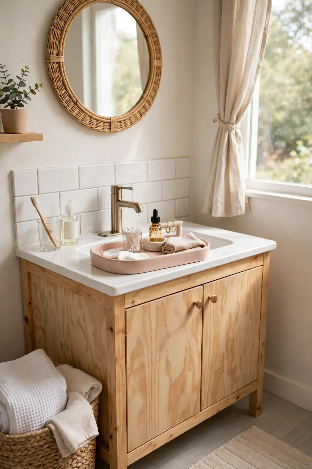Set a Blush Ceramic Tray on the Vanity in a budget-friendly bathroom, styled simply