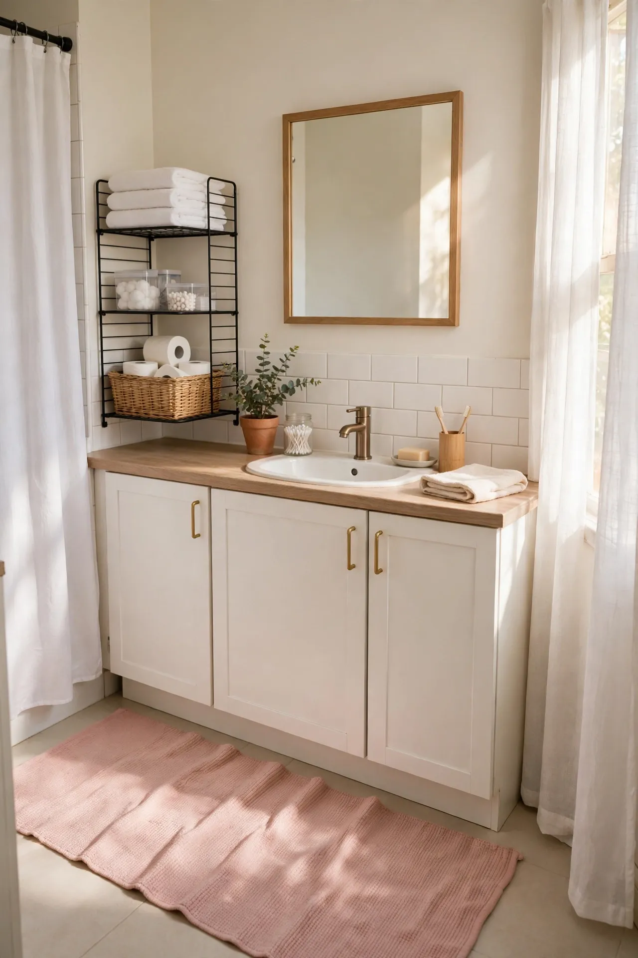 Run a Soft Blush Rug Runner Along the Vanity in a budget-friendly bathroom, styled simply
