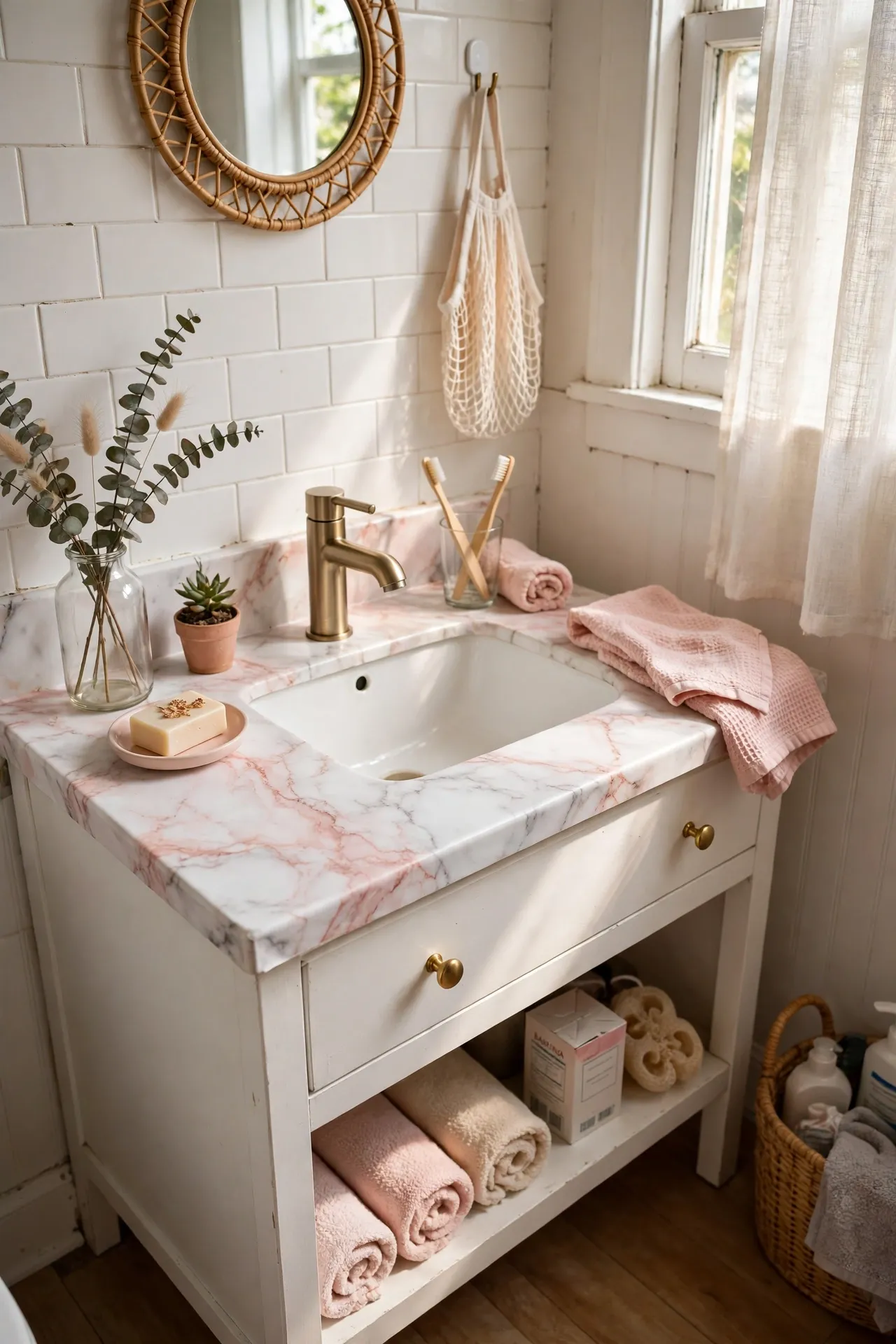Refresh the Vanity Top with Blush and Marble Contact Paper in a budget-friendly bathroom, styled simply