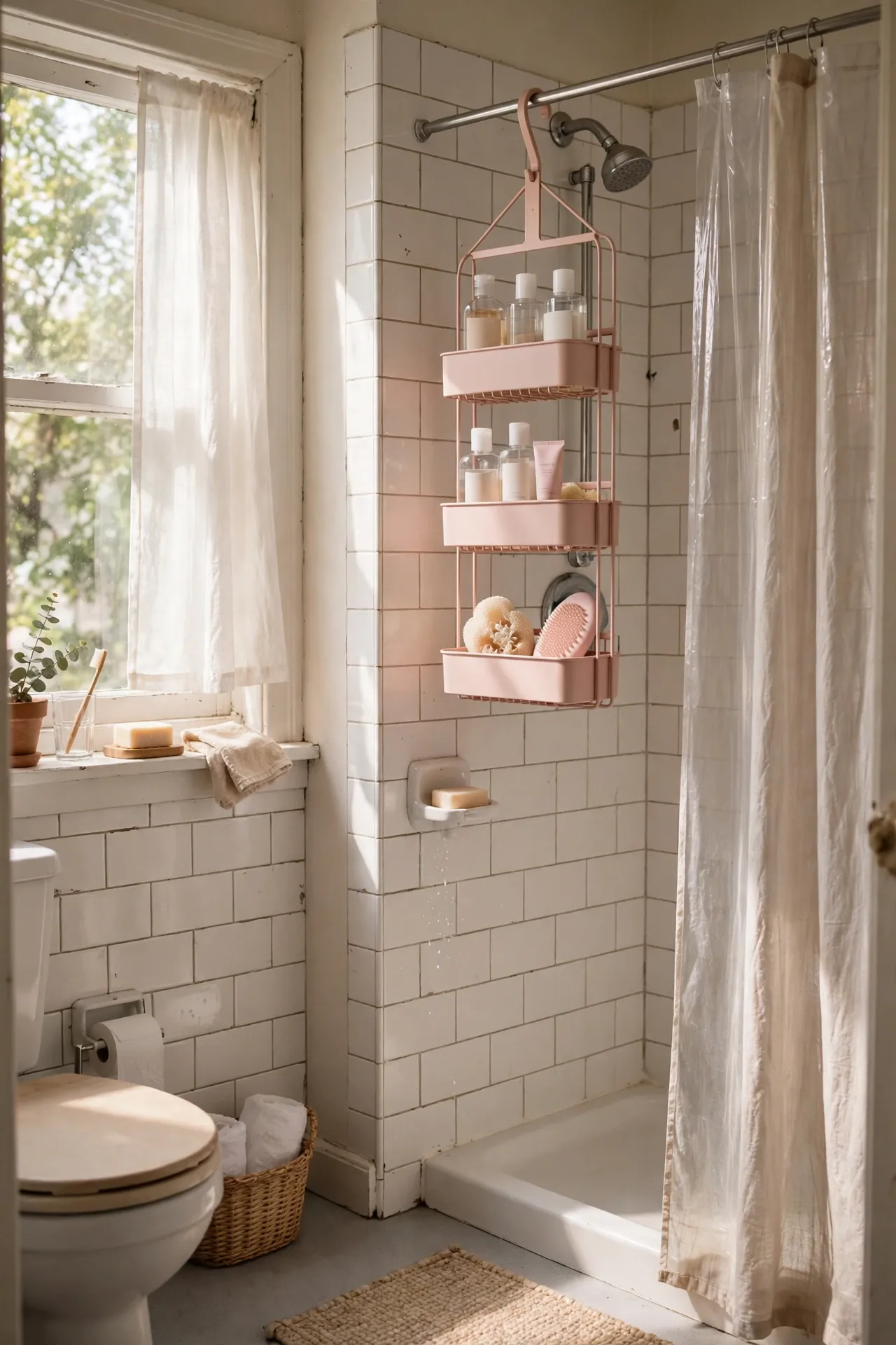Upgrade the Shower Caddy in Soft Blush Tones in a budget-friendly bathroom, styled simply