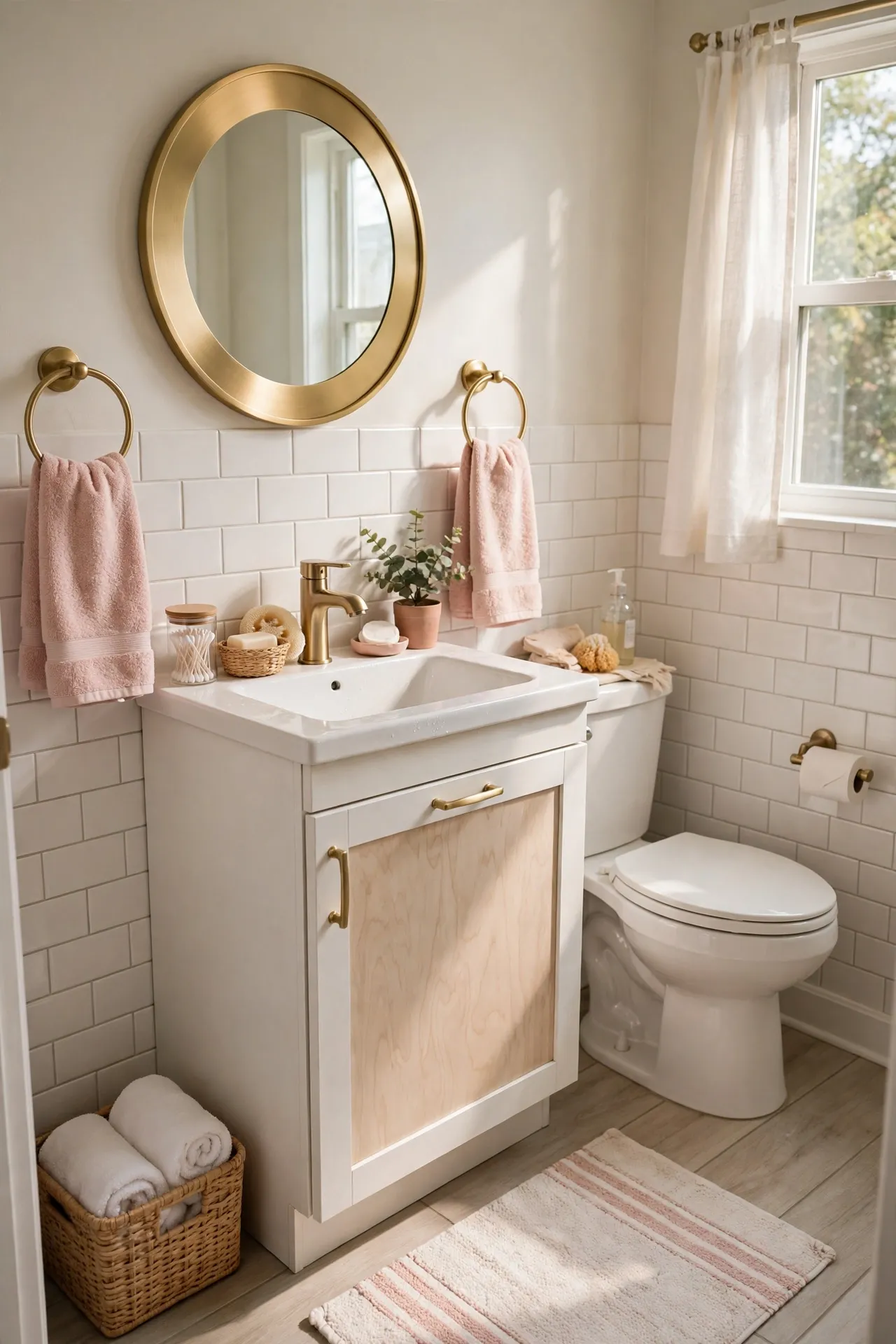Swap Hardware to Brushed Gold with Blush Towel Rings in a budget-friendly bathroom, styled simply