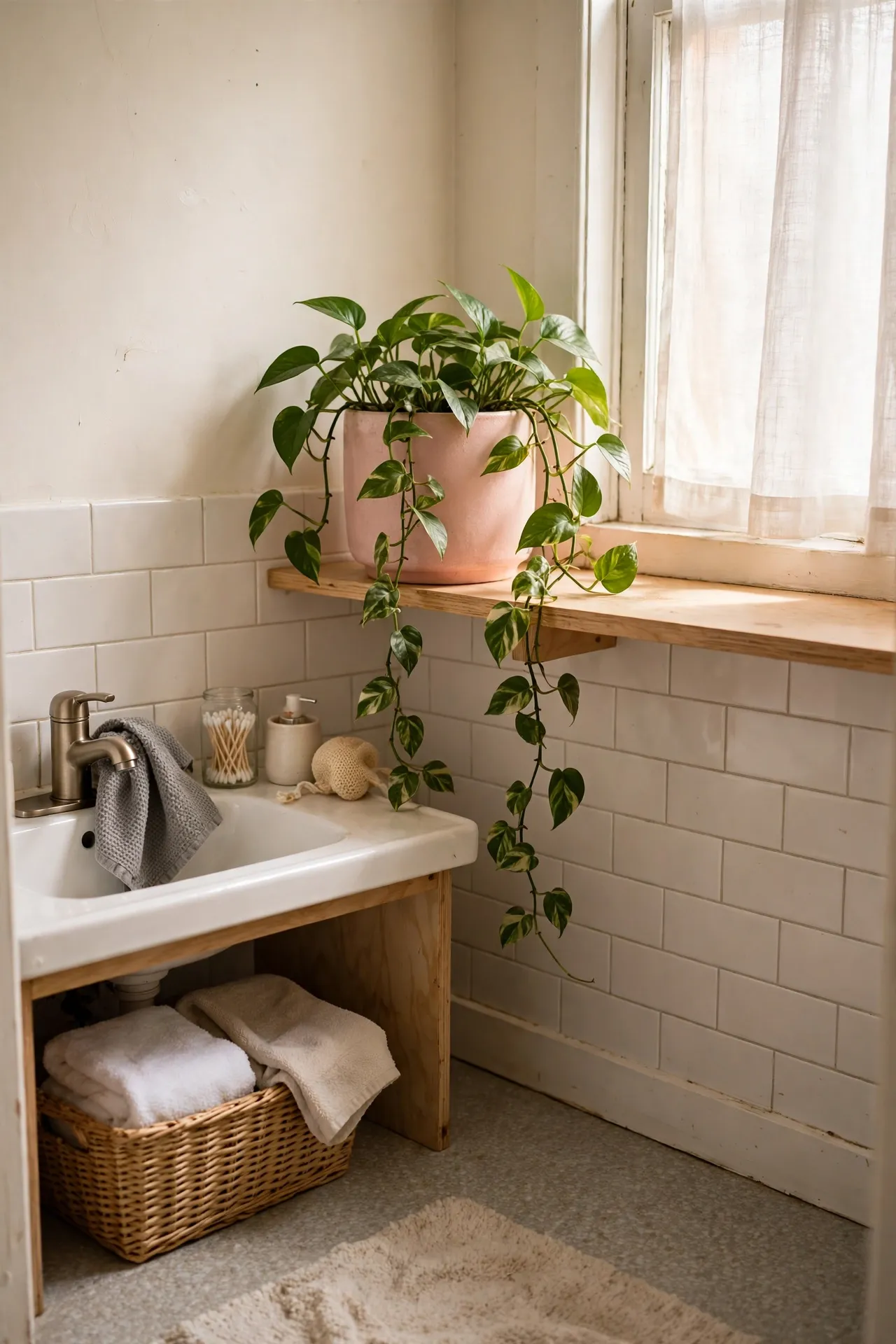 Pot a Trailing Plant in a Blush Pink Planter in a budget-friendly bathroom, styled simply