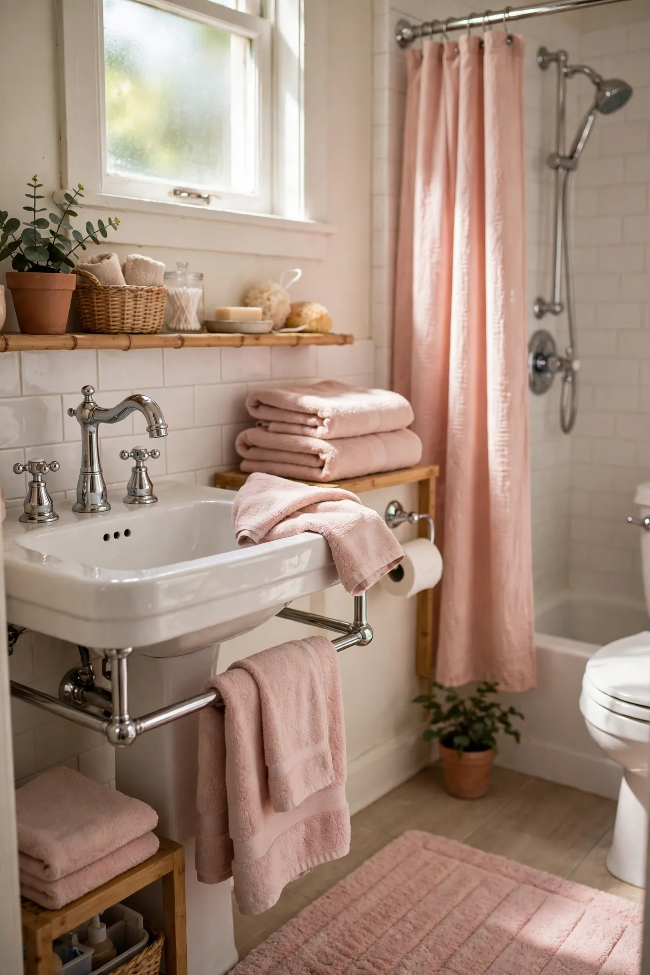 Polish Chrome Fixtures to Pair with Blush Textiles in a budget-friendly bathroom, styled simply