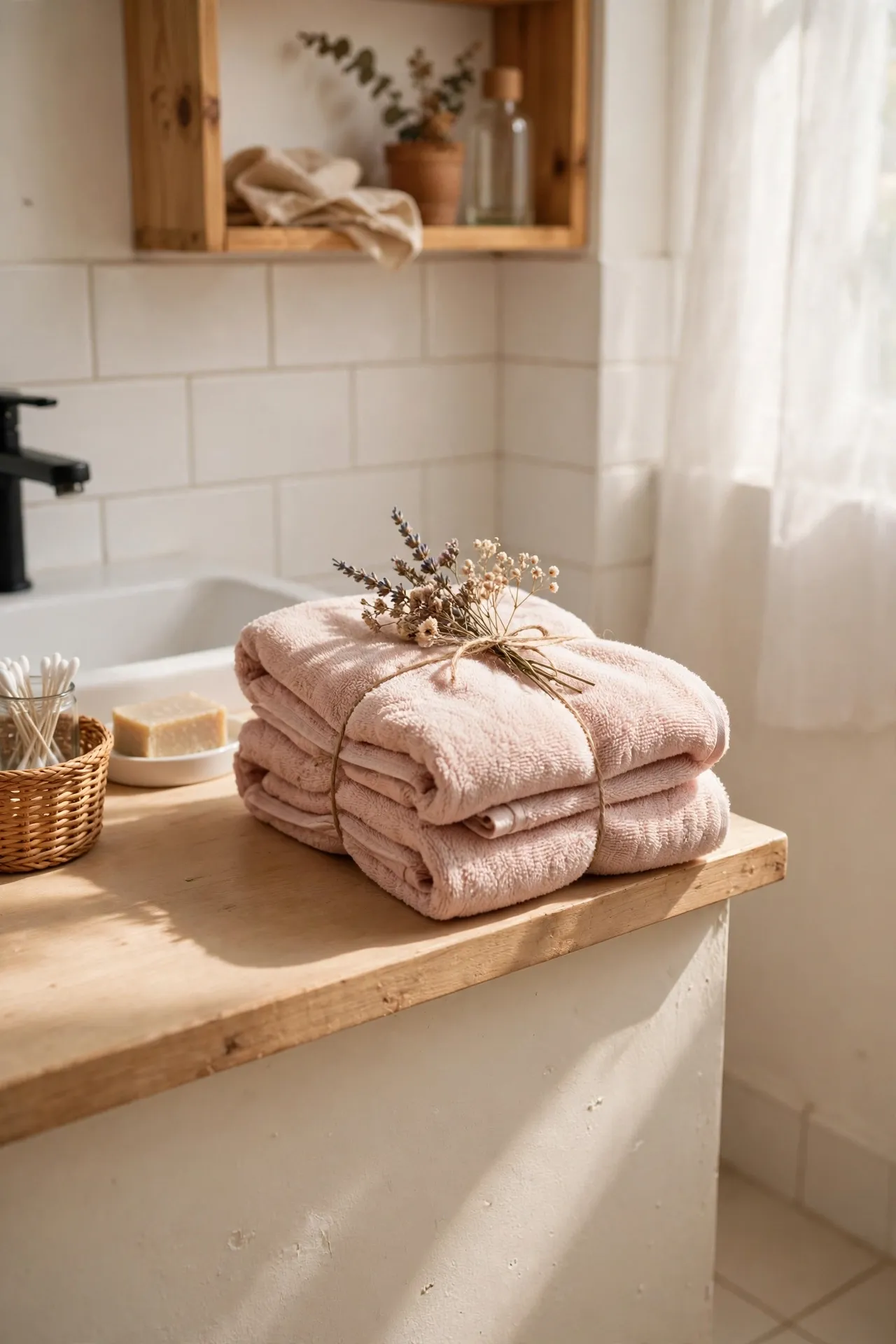 Bundle Blush Guest Towels with a Sprig of Dried Flowers in a budget-friendly bathroom, styled simply