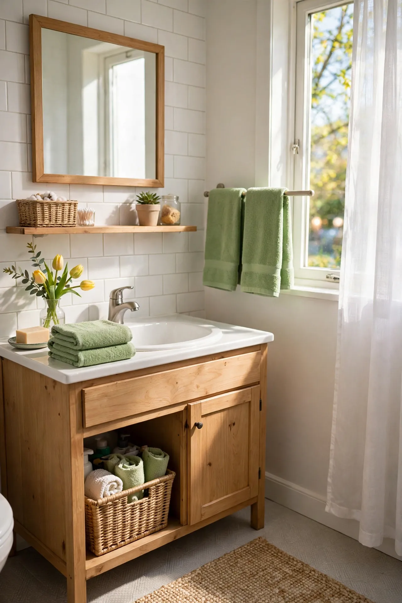 Swap in Fresh Green Hand Towels for Spring in a budget-friendly bathroom, styled simply