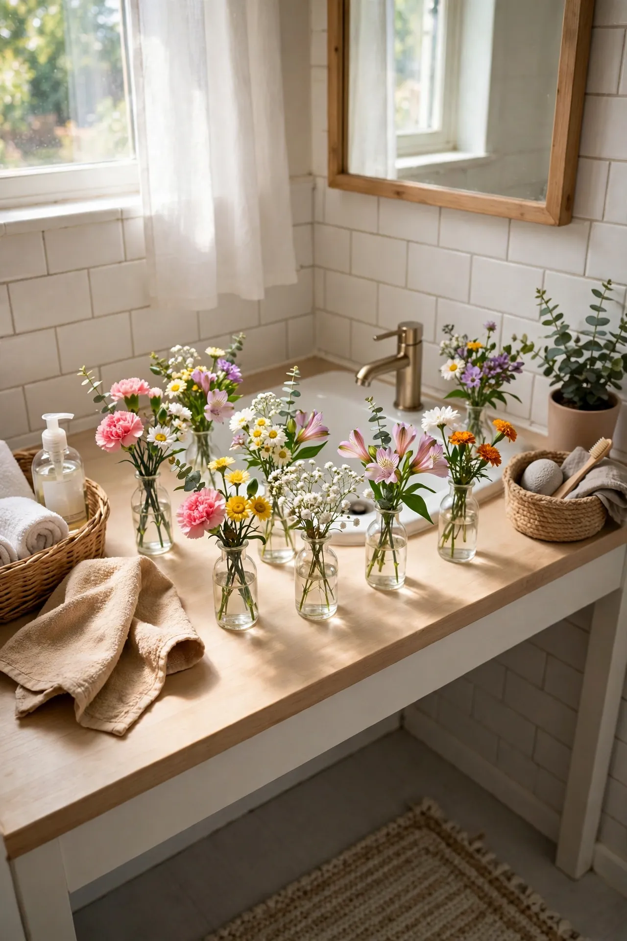 Fill Bud Vases with Grocery-Store Blooms in a budget-friendly bathroom, styled simply