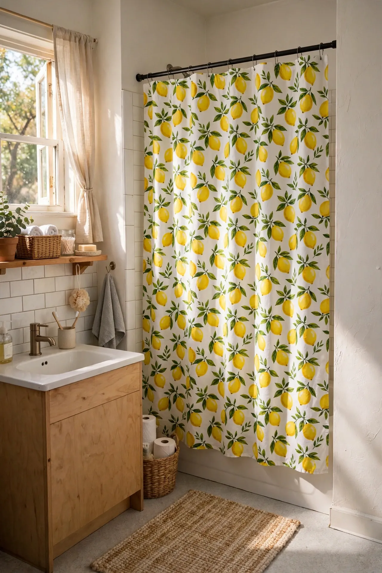Hang a Lemon-Print Shower Curtain in a budget-friendly bathroom, styled simply