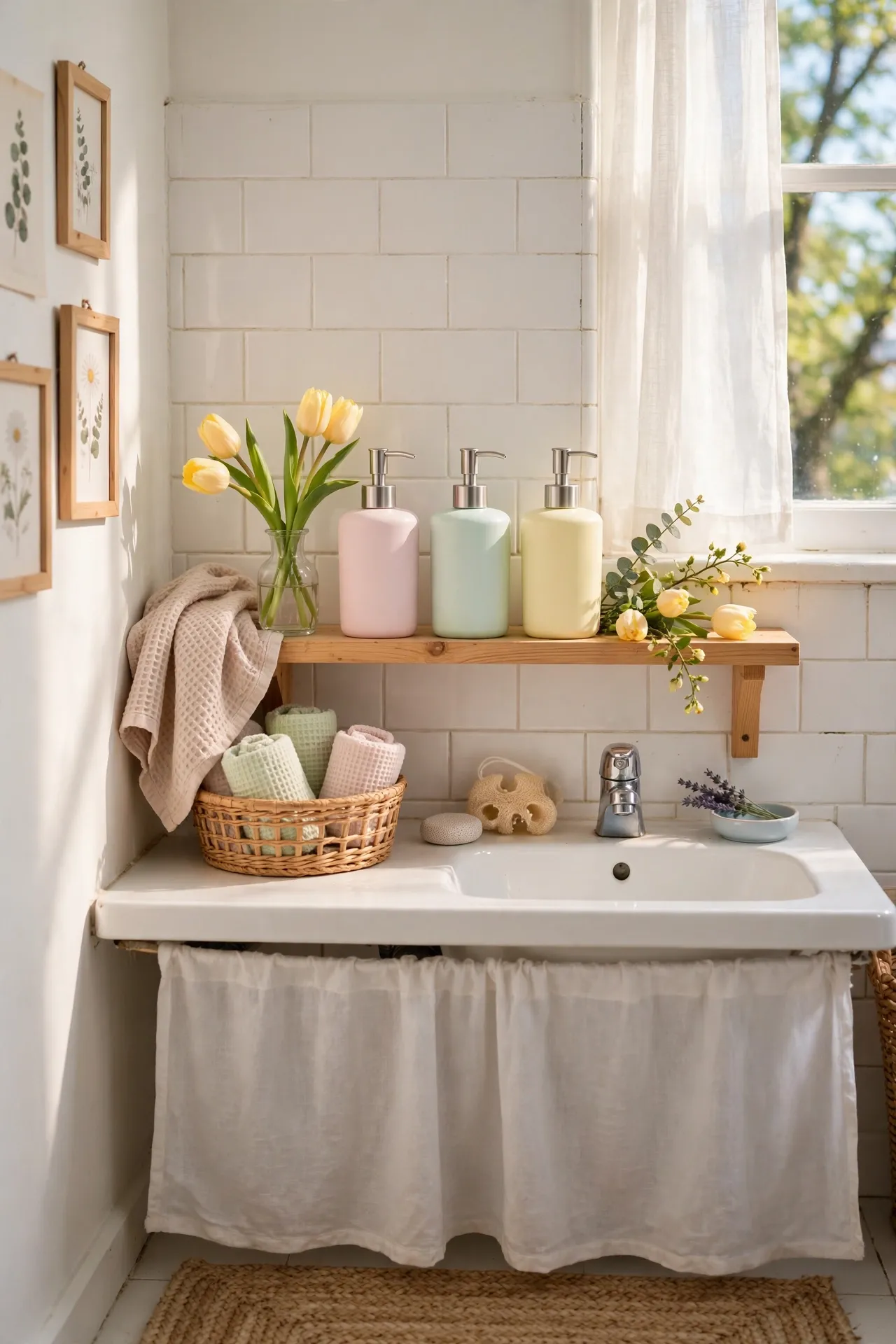 Switch to Pastel Soap Dispensers for Spring in a budget-friendly bathroom, styled simply