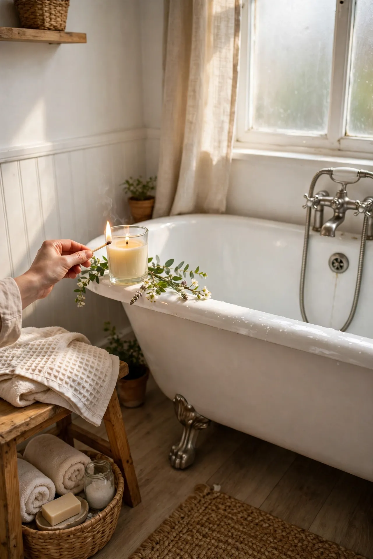 Light a Spring-Scented Candle by the Tub in a budget-friendly bathroom, styled simply