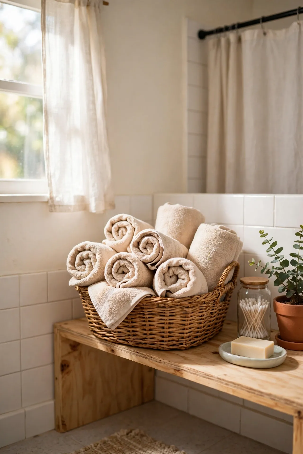 Roll Towels into a Woven Basket in a budget-friendly bathroom, styled simply