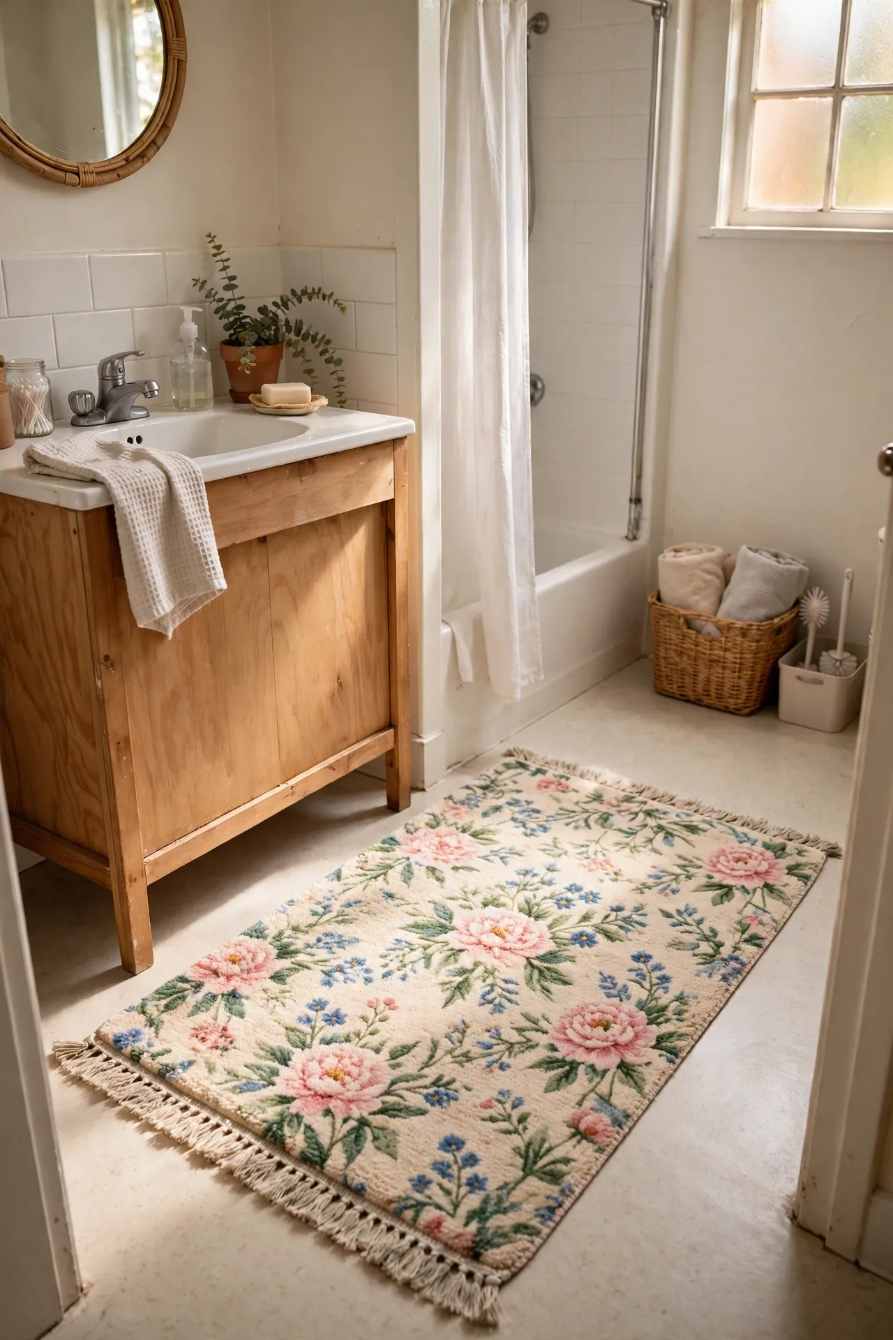 Lay Down a Floral Bath Mat in a budget-friendly bathroom, styled simply