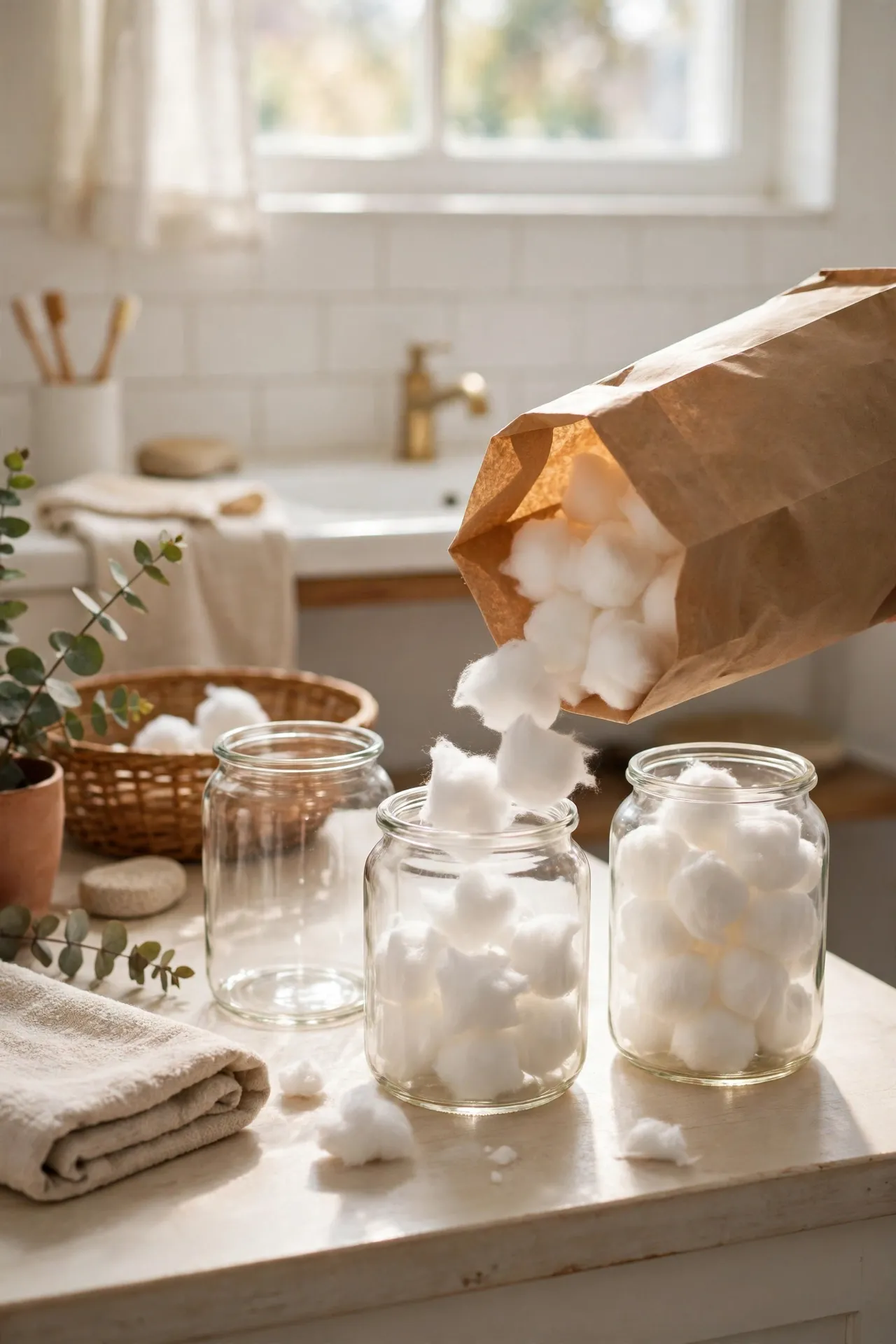 Decant Cotton Balls into Clear Glass Jars in a budget-friendly bathroom, styled simply