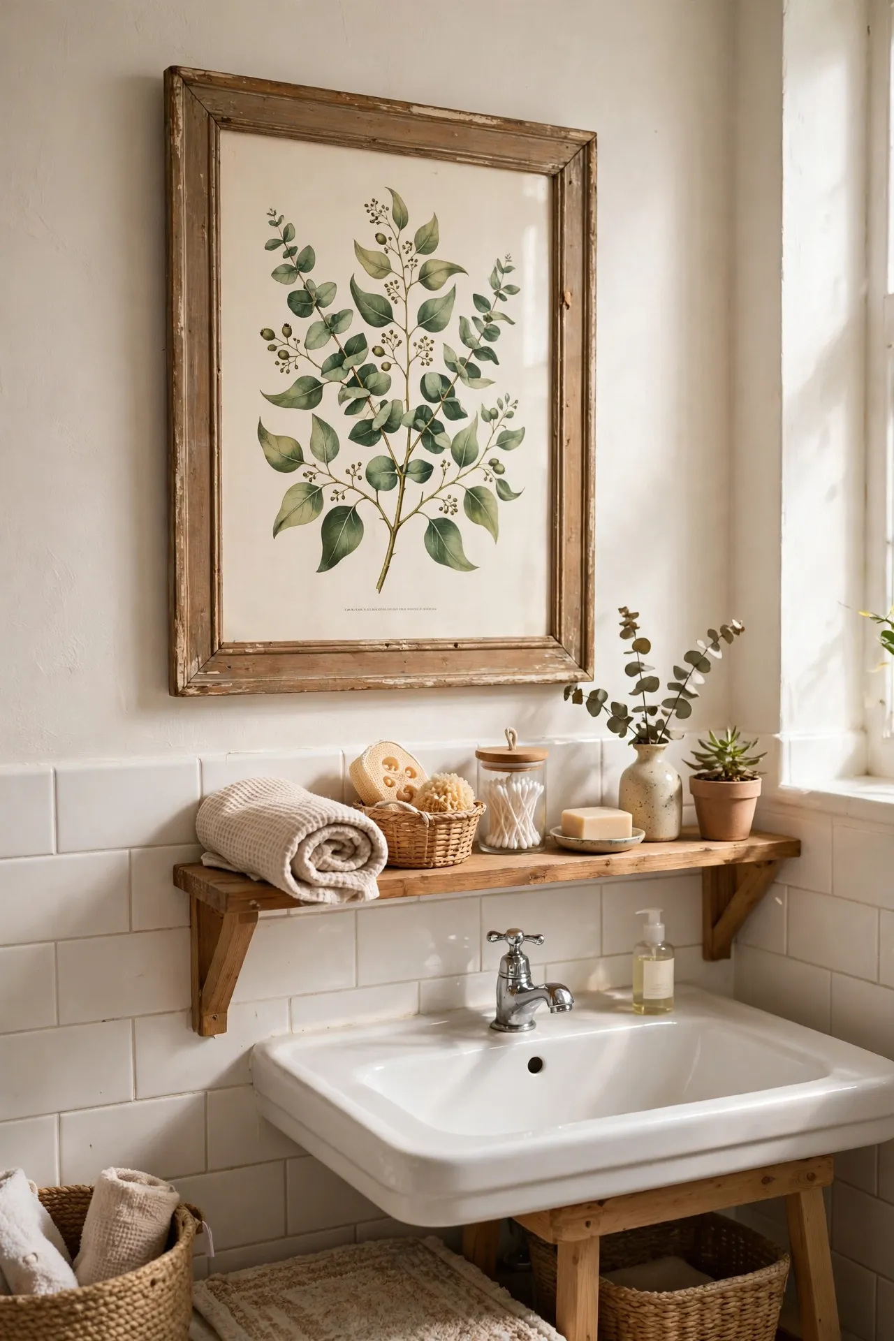 Frame a Botanical Print in a Thrift-Shop Frame in a budget-friendly bathroom, styled simply