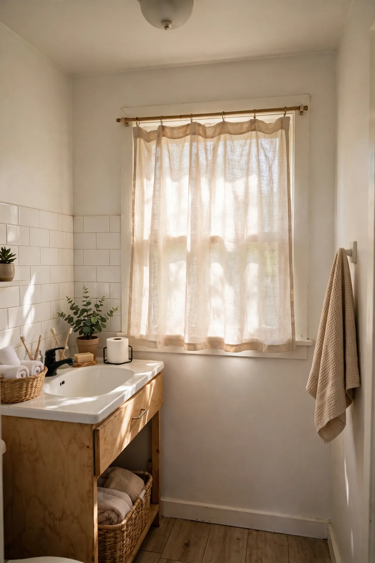 Hang a Light Linen Curtain at the Window in a budget-friendly bathroom, styled simply