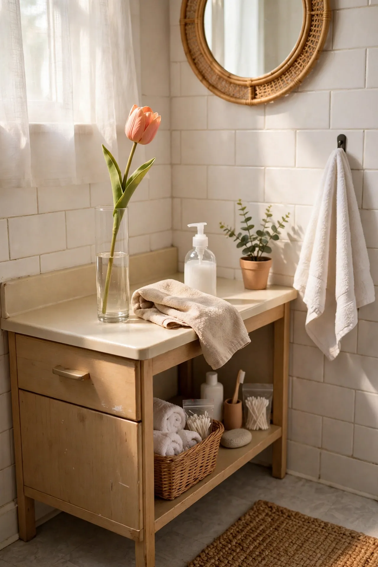 Stand a Faux Tulip Stem in a Tall Vase in a budget-friendly bathroom, styled simply