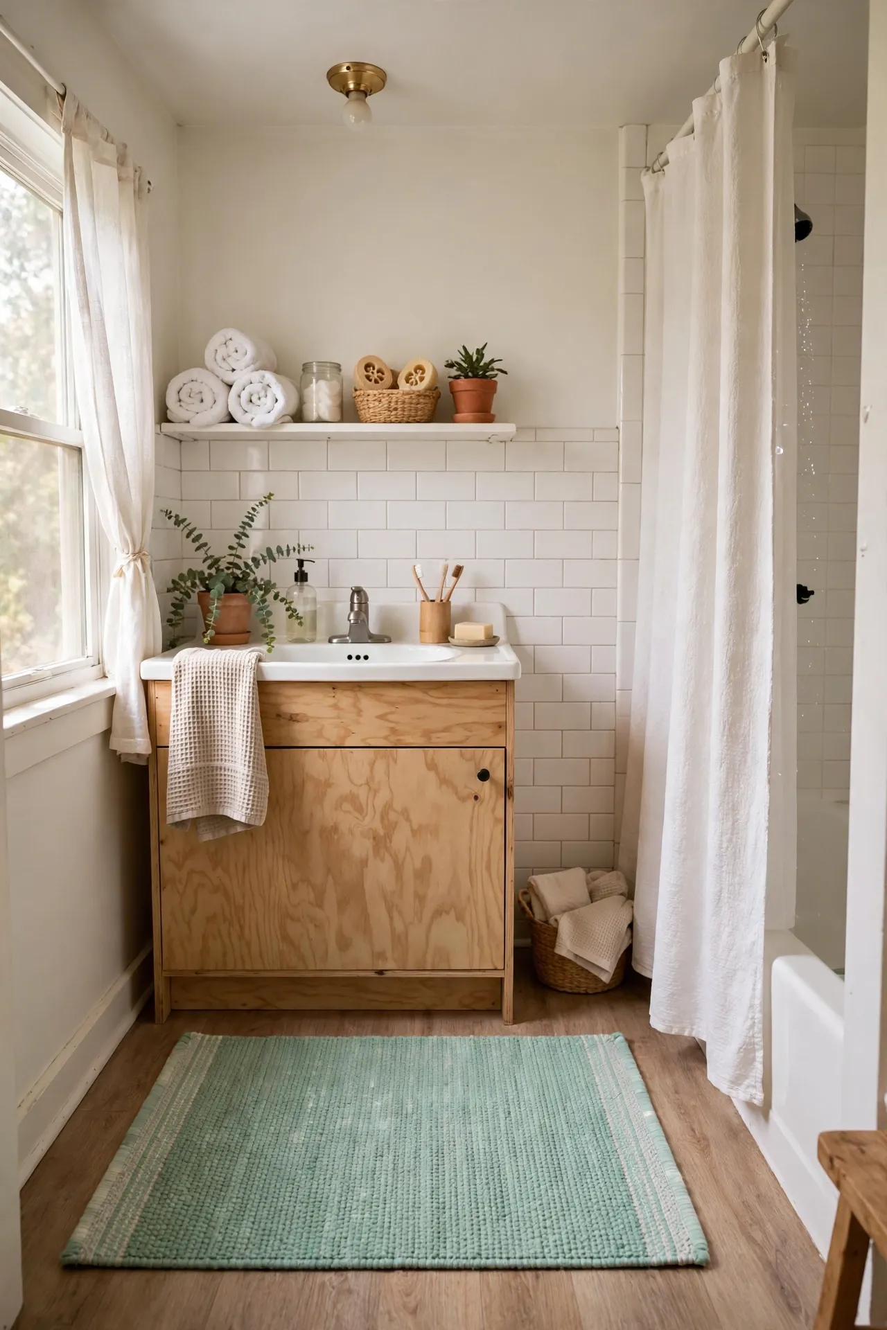 Add a Mint Green Accent Rug by the Sink in a budget-friendly bathroom, styled simply