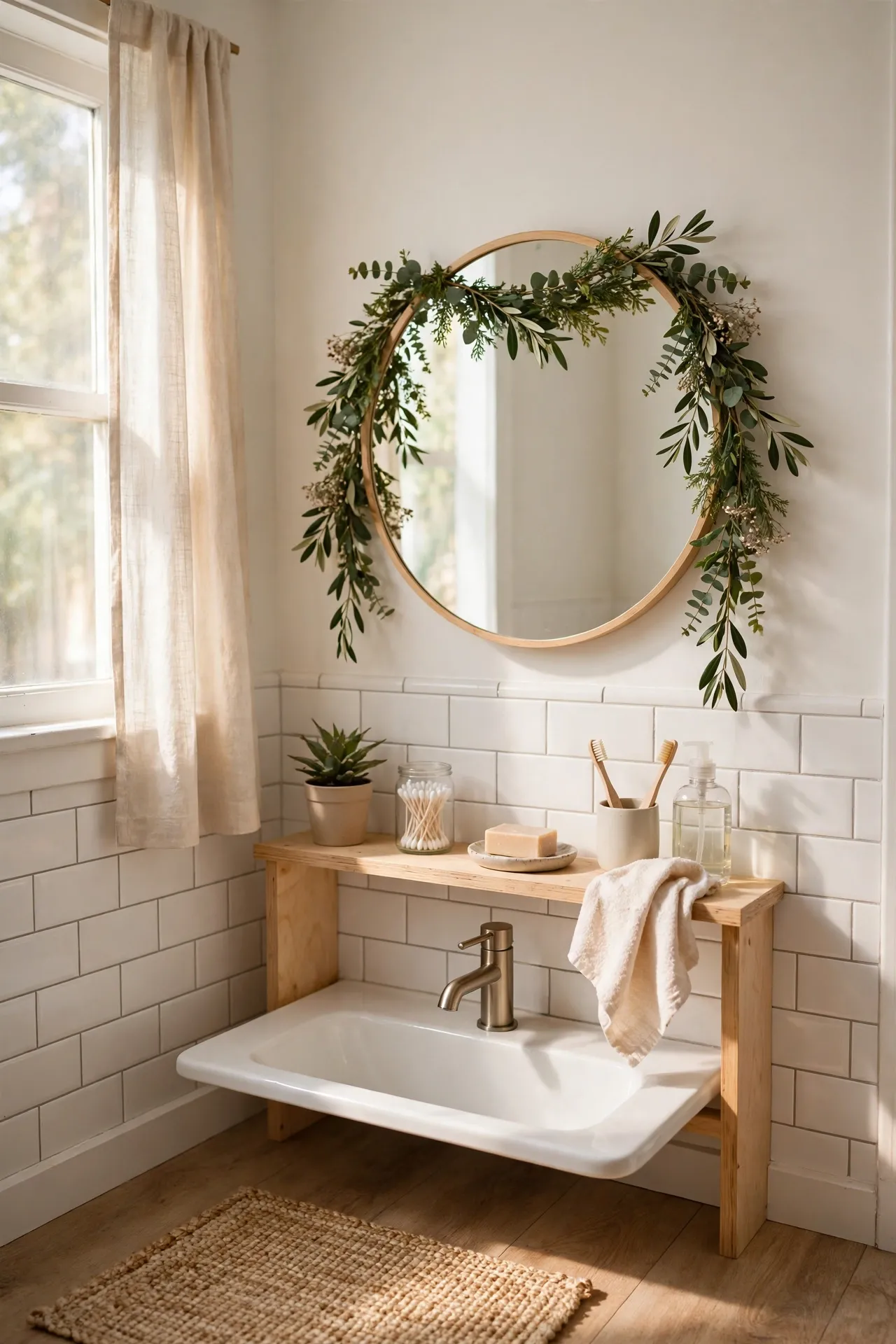 Drape a Small Greenery Garland Over the Mirror in a budget-friendly bathroom, styled simply