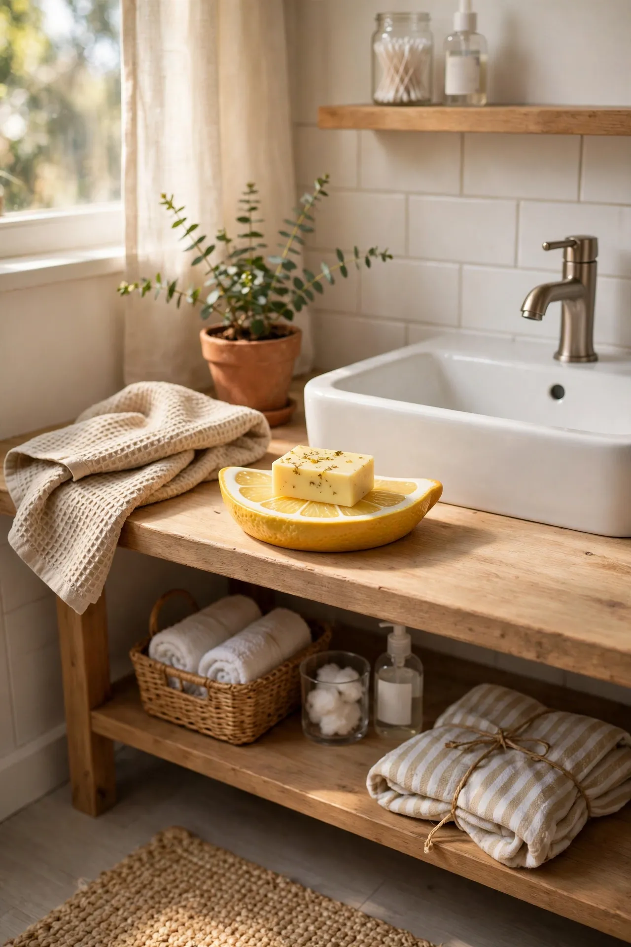 Set Out a Citrus-Slice Soap Dish in a budget-friendly bathroom, styled simply