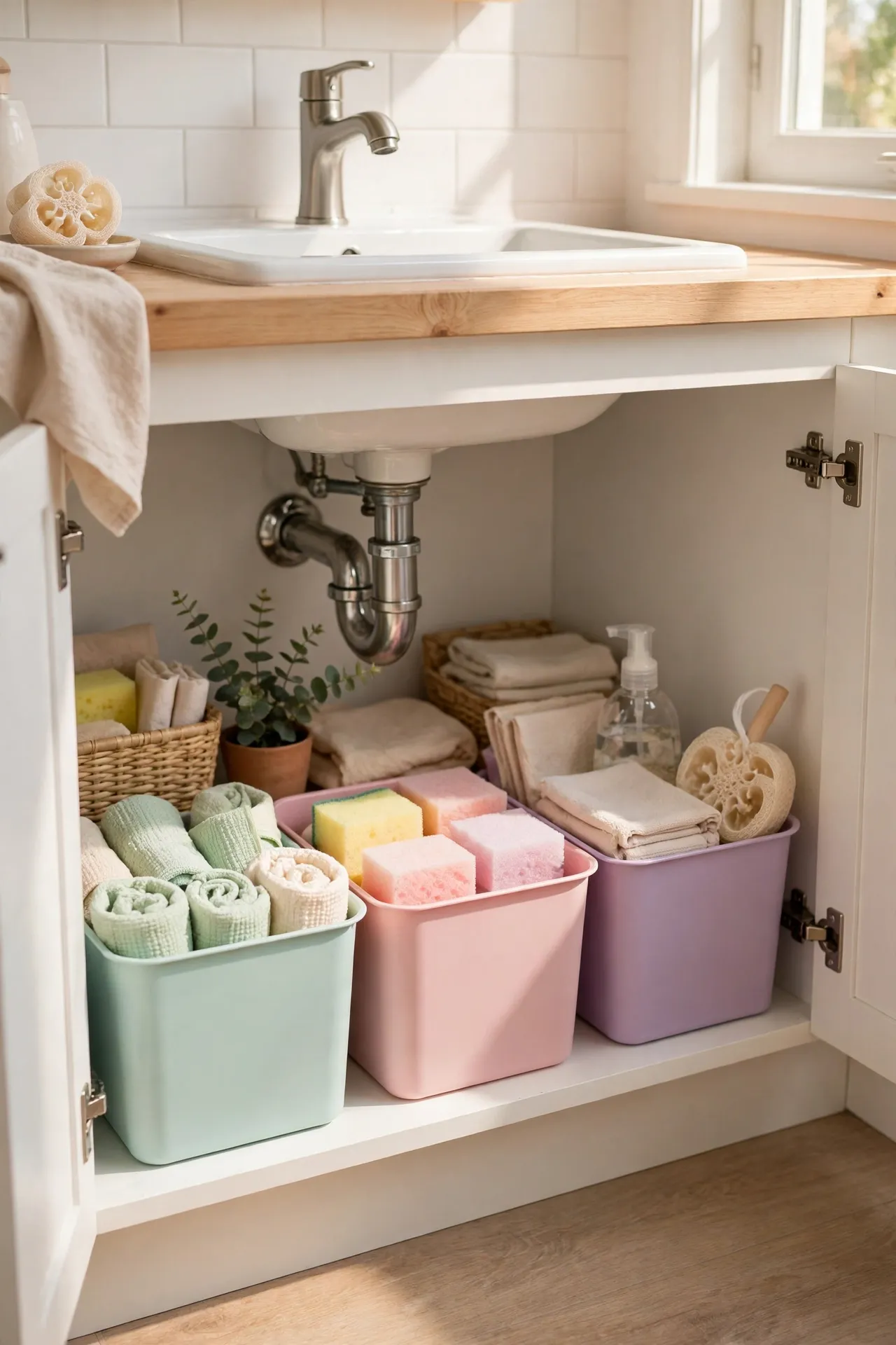 Tidy Under the Sink with Pastel Storage Bins in a budget-friendly bathroom, styled simply