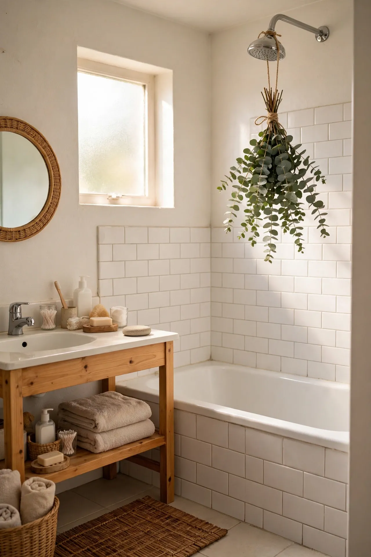Hang a Fresh Eucalyptus Bundle from the Showerhead in a budget-friendly bathroom, styled simply
