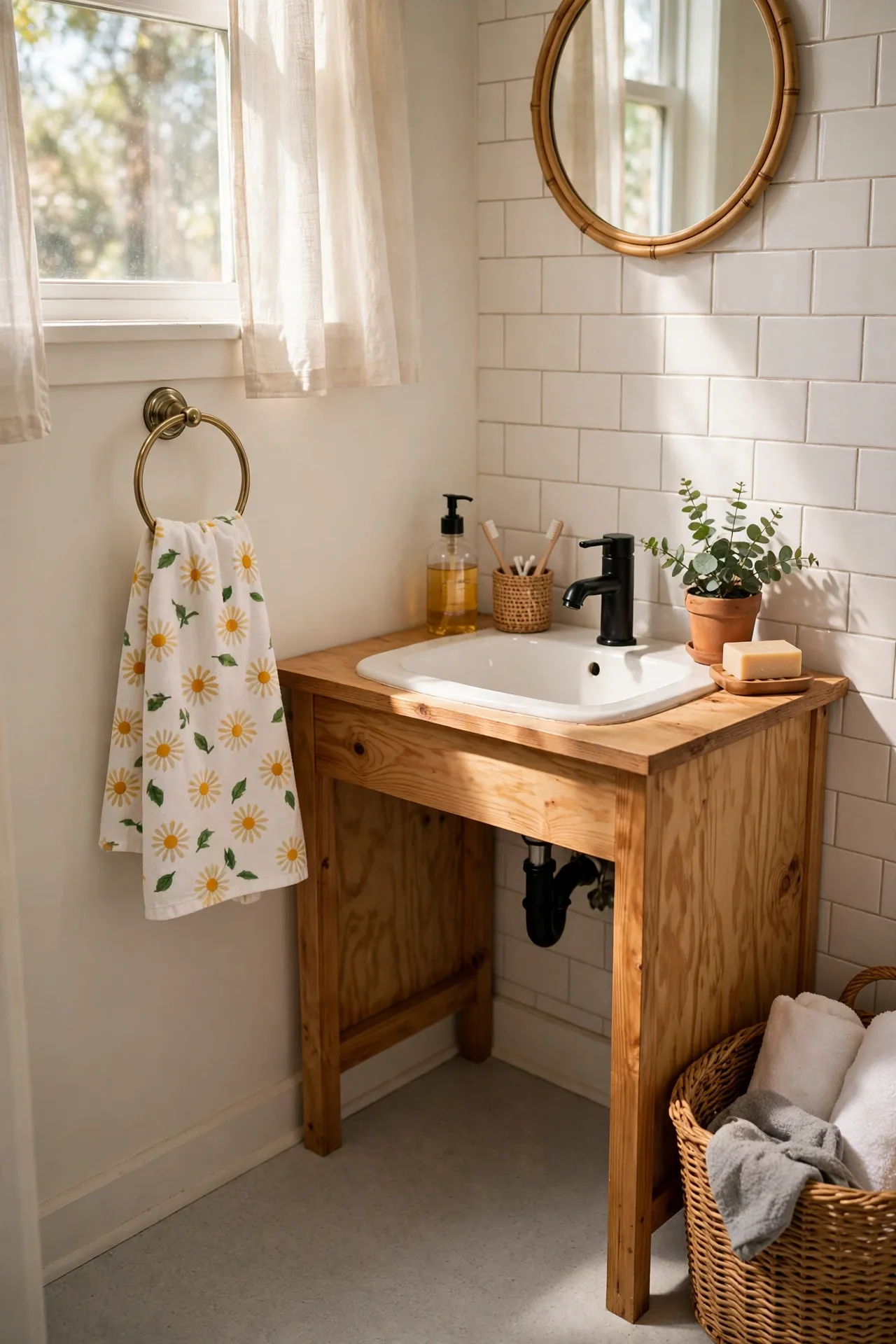 Hang a Daisy-Print Hand Towel on the Ring in a budget-friendly bathroom, styled simply