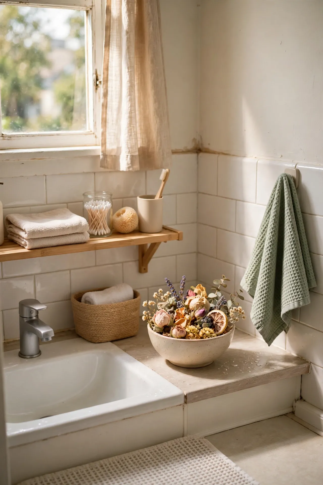 Set Out Spring Potpourri in a Small Bowl in a budget-friendly bathroom, styled simply