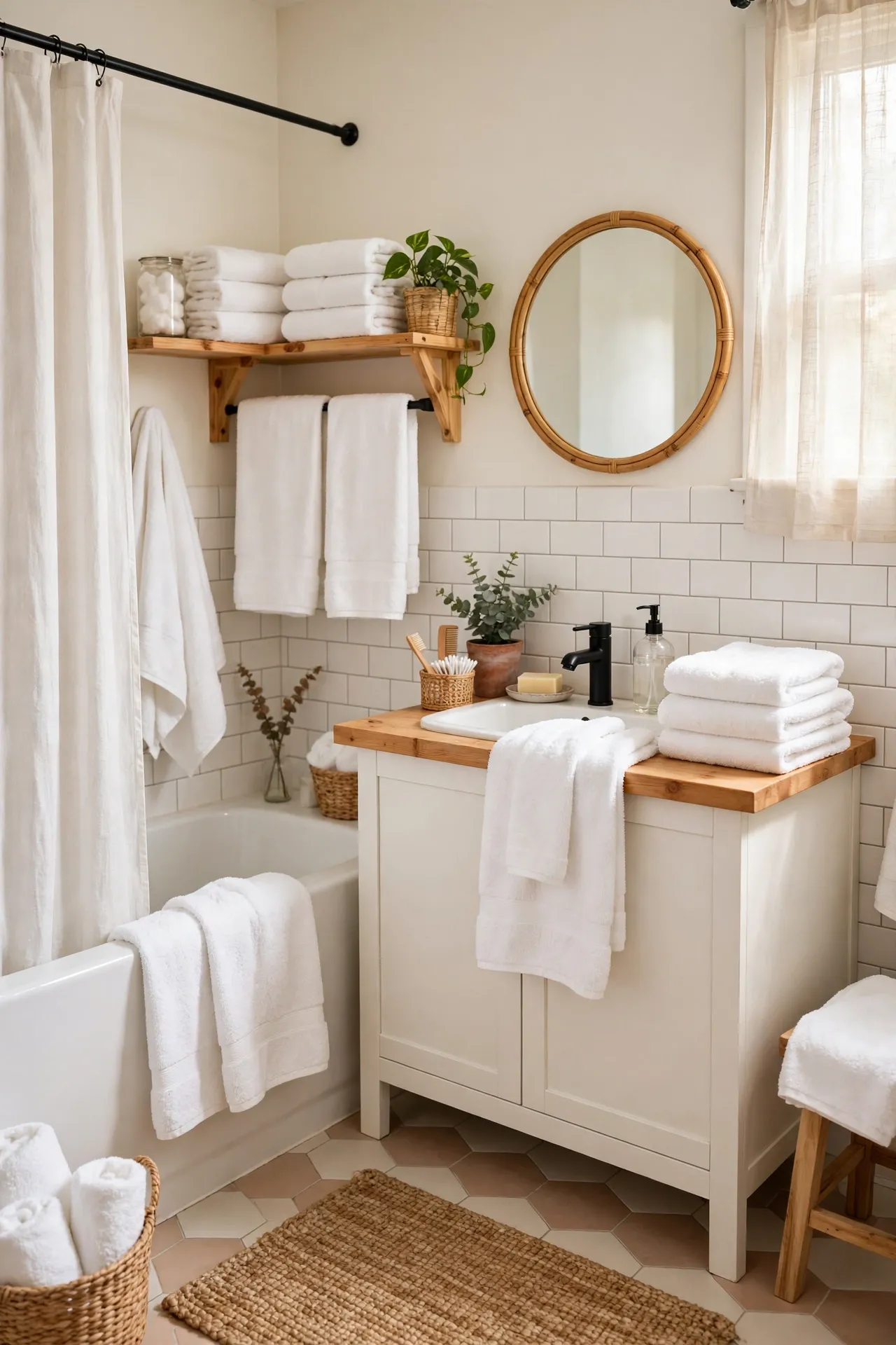 Refresh the Whole Room with Bright White Towels in a budget-friendly bathroom, styled simply