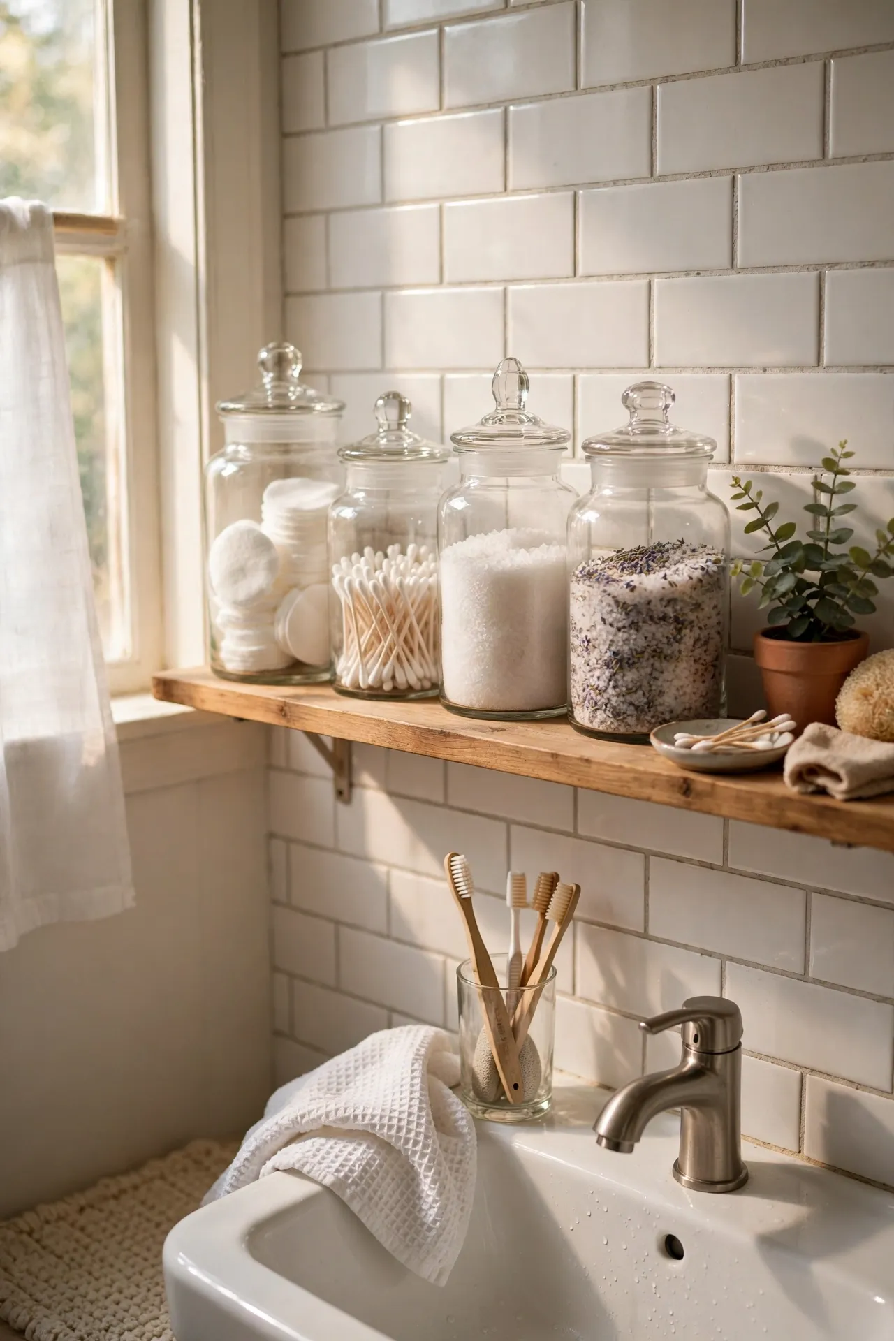 Decant Toiletries into Dollar Store Glass Apothecary Jars in a budget-friendly bathroom, styled simply