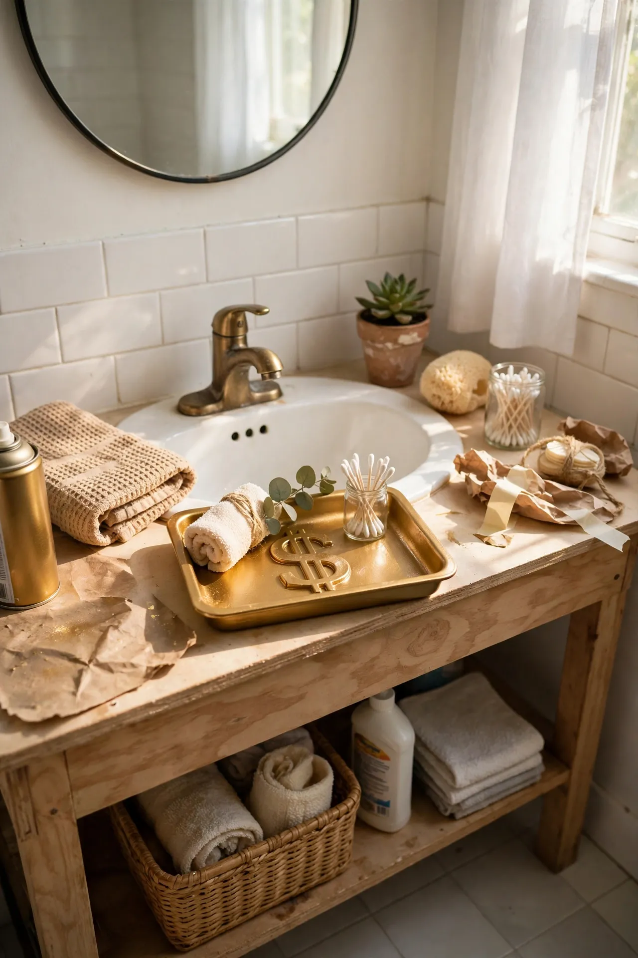 Spray-Paint a Dollar Tray Gold for the Vanity in a budget-friendly bathroom, styled simply