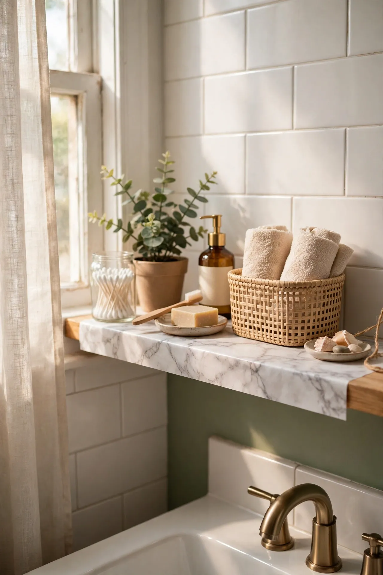 Line a Shelf with Faux Marble Contact Paper in a budget-friendly bathroom, styled simply